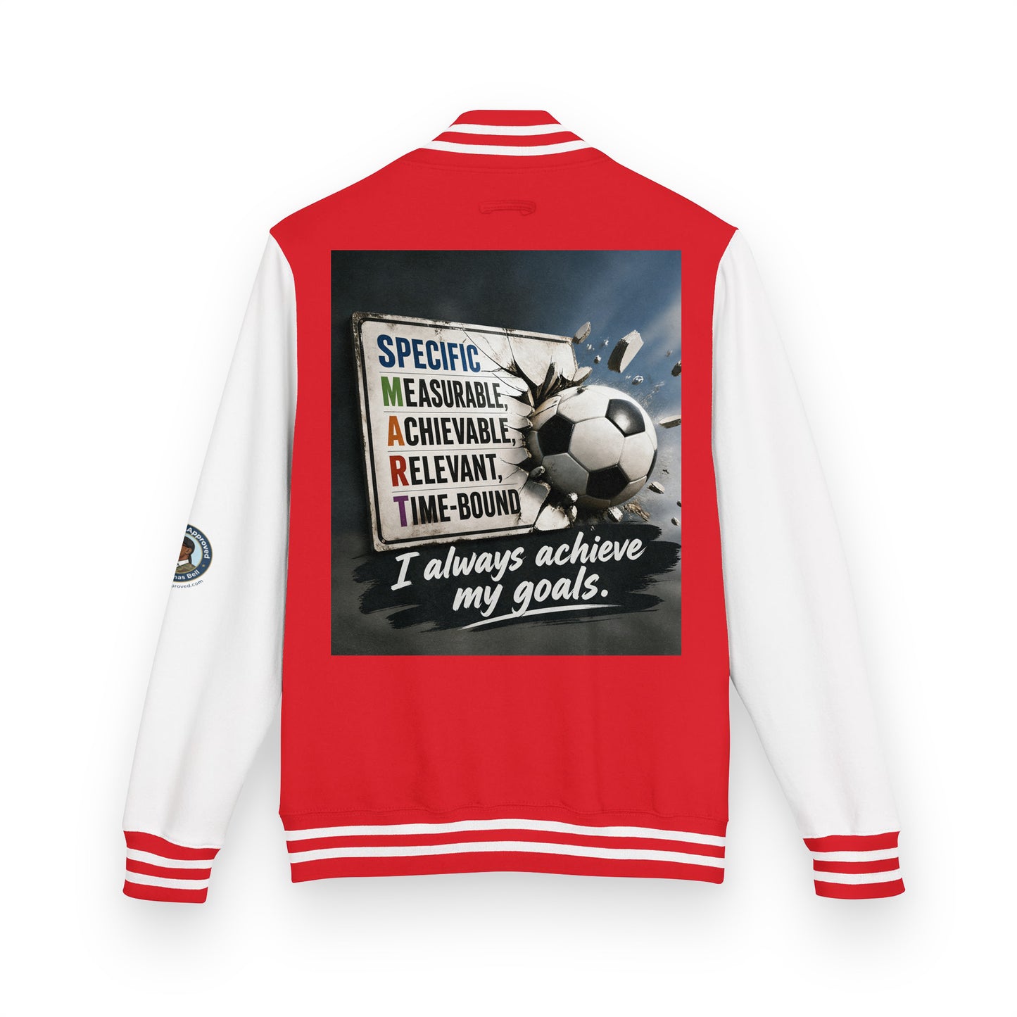 Red heavyweight letterman jacket with white sleeves, striped ribbed trim, back soccer graphic