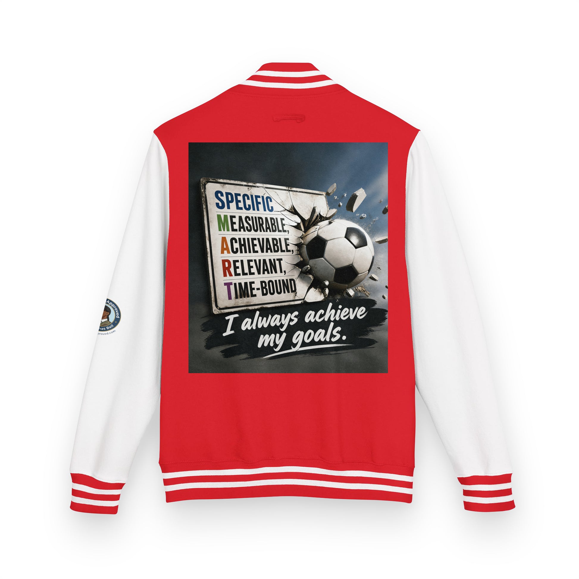 Red heavyweight letterman jacket with white sleeves, striped ribbed trim, back soccer graphic
