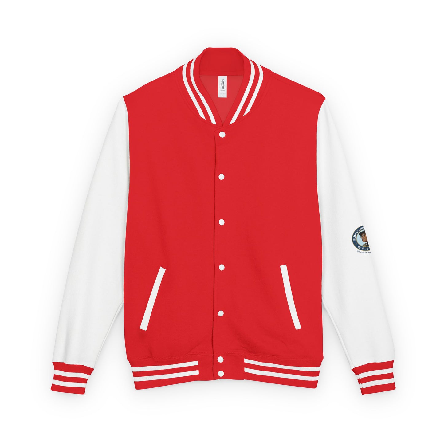 Heavyweight letterman jacket with red body, white sleeves, striped rib trim, snap buttons