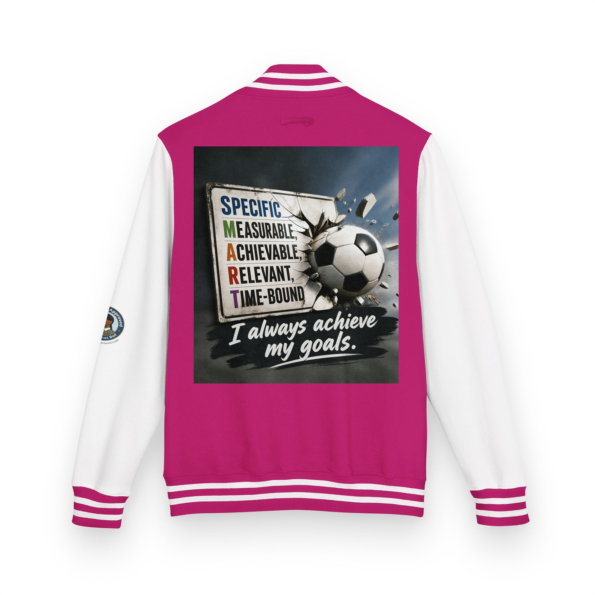 Magenta heavyweight letterman jacket with white sleeves, striped ribbed trim, back soccer graphic