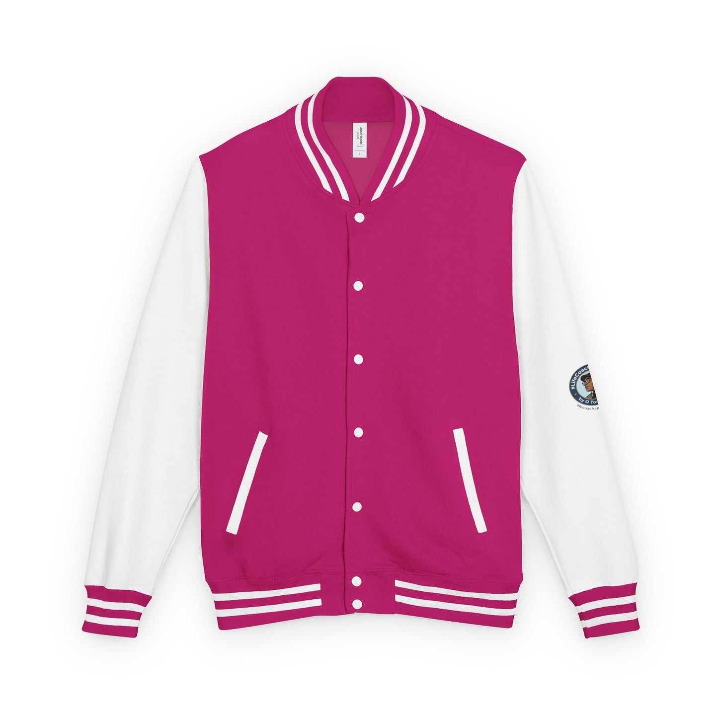 Letterman jacket with burgundy body and white sleeves; striped collar and cuffs