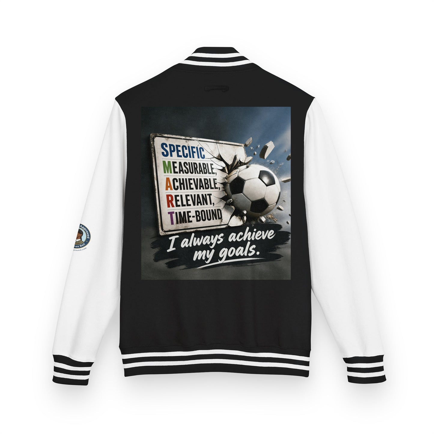 Letterman jacket back view, black body with white sleeves; soccer graphic and quote patch