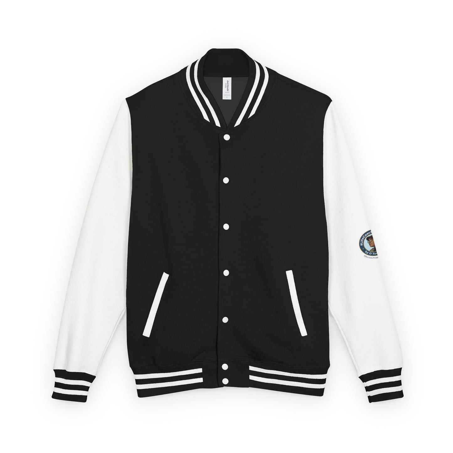 Heavyweight letterman jacket with black body, white sleeves, striped rib trim, snap buttons