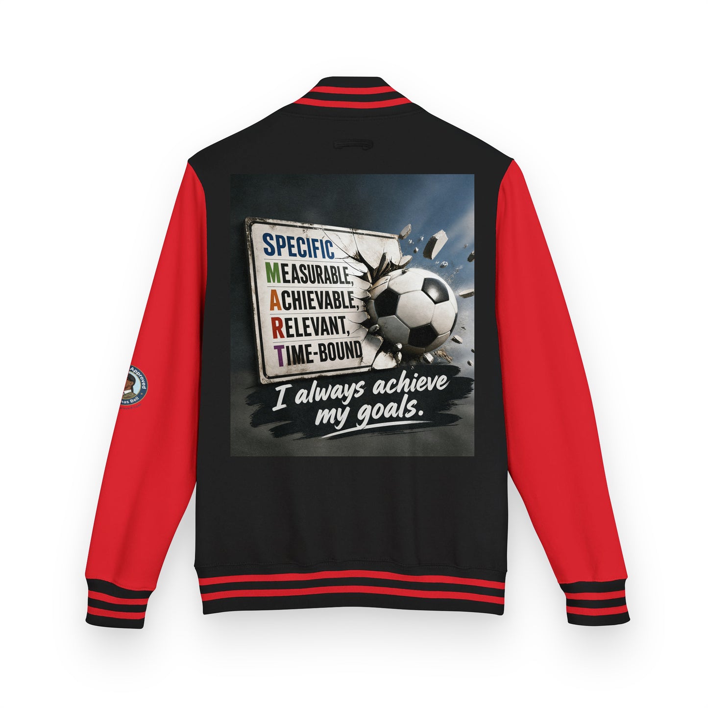 Letterman jacket back view, black body with red sleeves; soccer graphic and quote patch