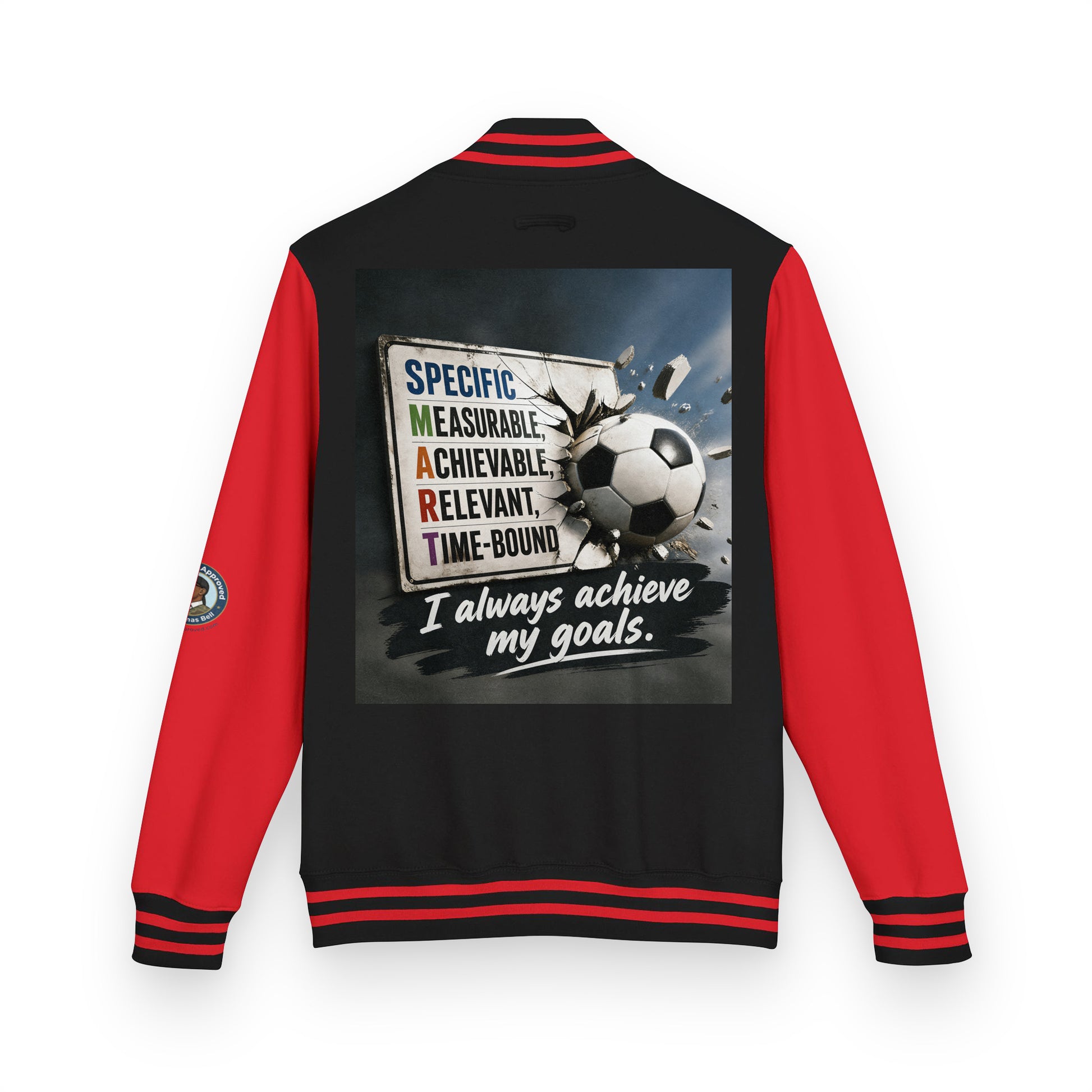 Letterman jacket back view, black body with red sleeves; soccer graphic and quote patch