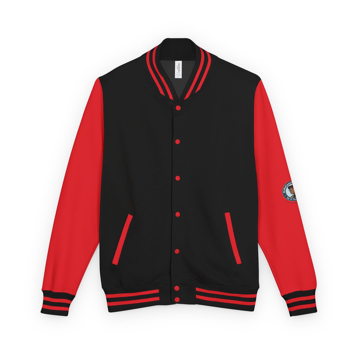 Heavyweight letterman jacket with black body, red sleeves, striped rib trim, snap buttons