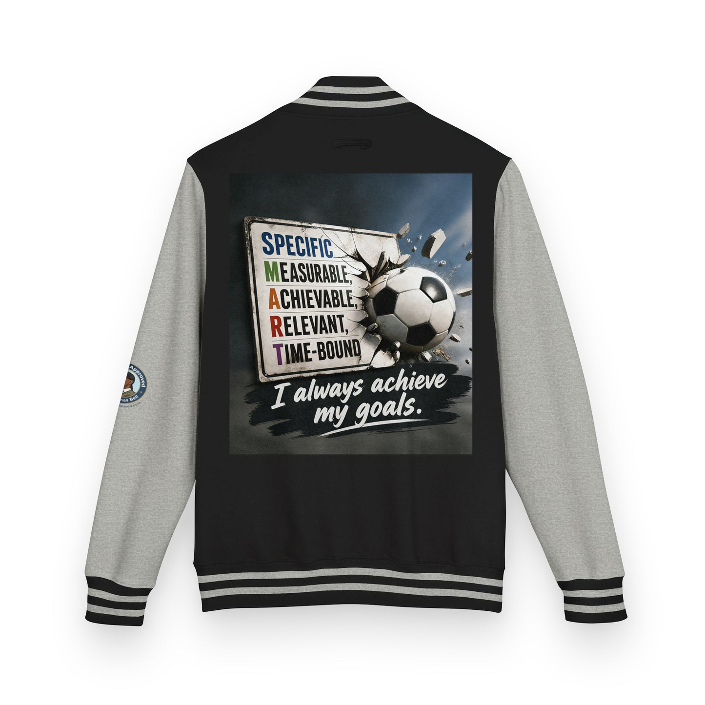 Letterman jacket back view, black body with gray sleeves; soccer graphic and quote patch