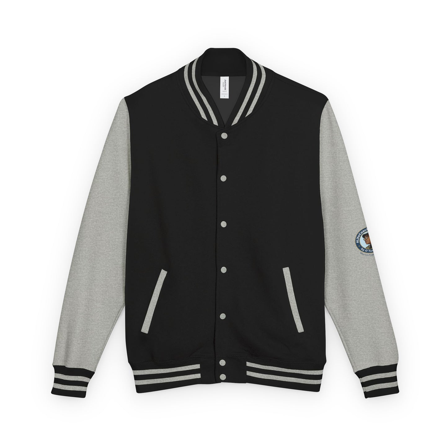 Heavyweight letterman jacket with black body, heather gray sleeves, striped rib trim, snap buttons