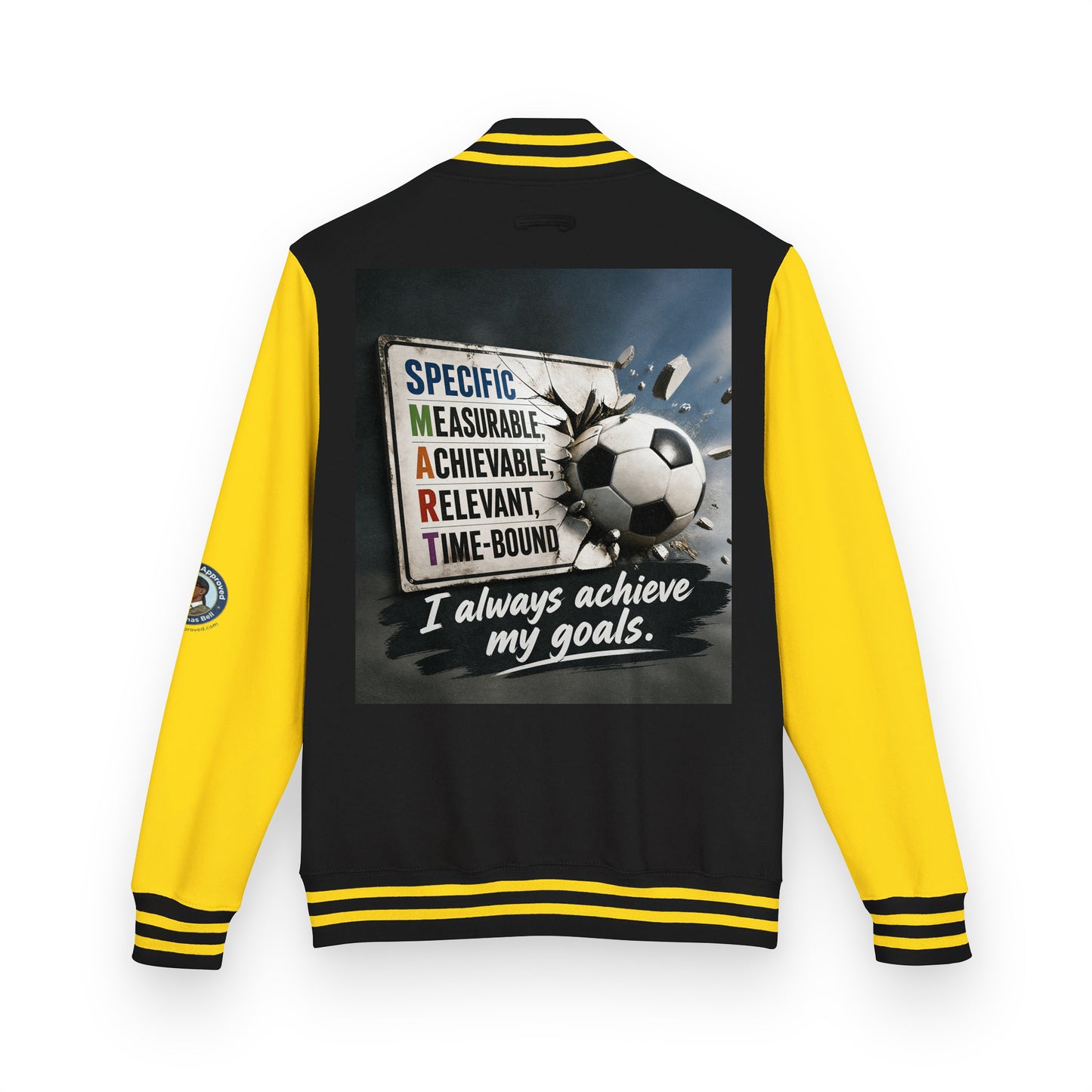 Letterman jacket back view, black body with yellow sleeves; soccer graphic and quote patch