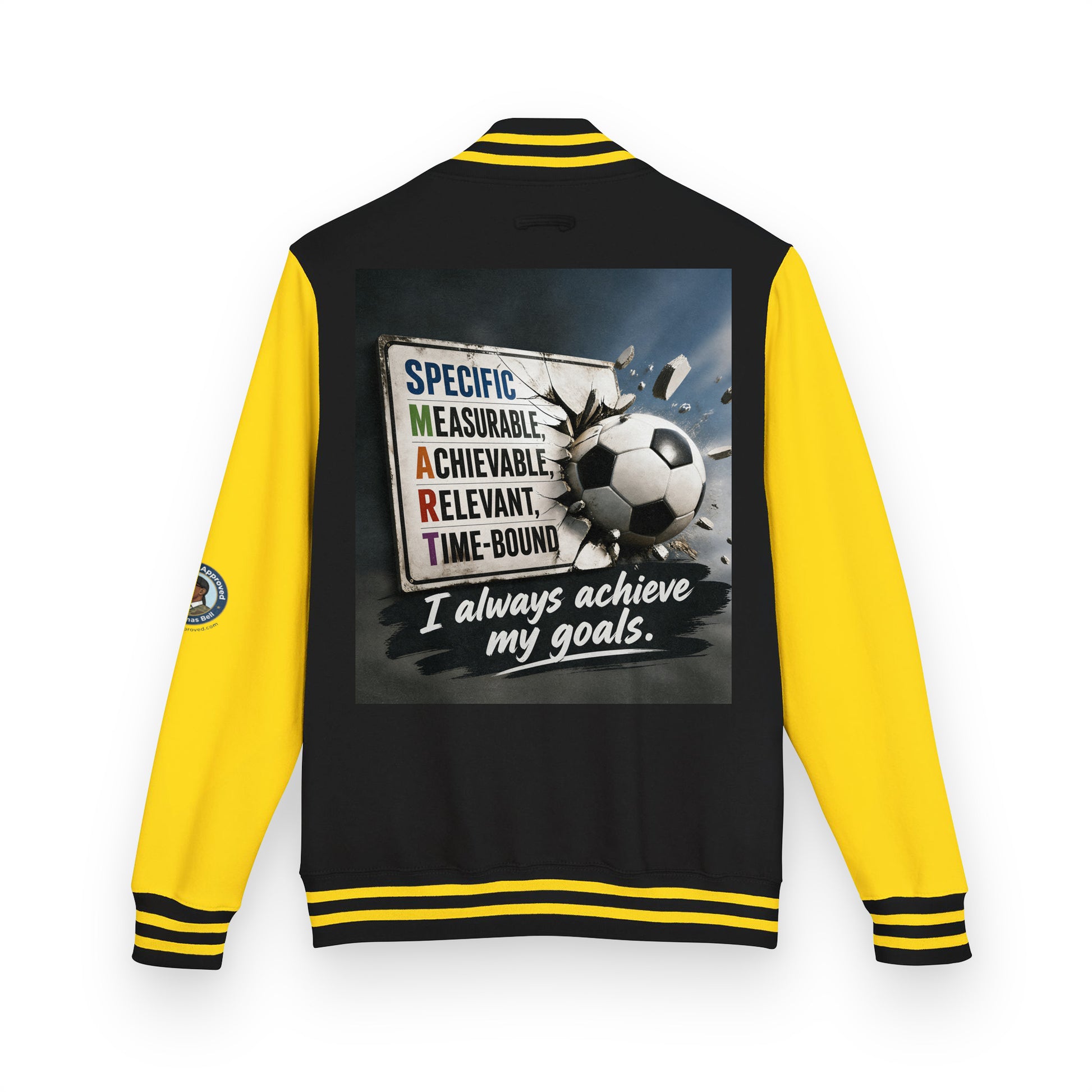 Letterman jacket back view, black body with yellow sleeves; soccer graphic and quote patch