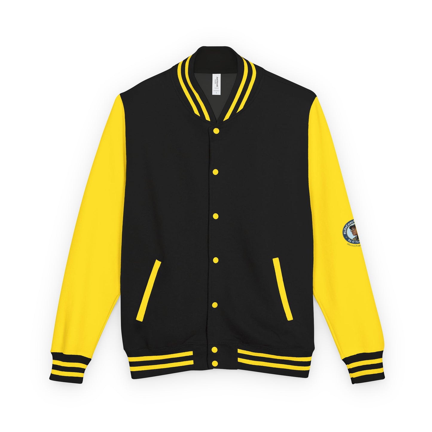 Heavyweight letterman jacket with black body, yellow sleeves, striped rib trim, snap buttons