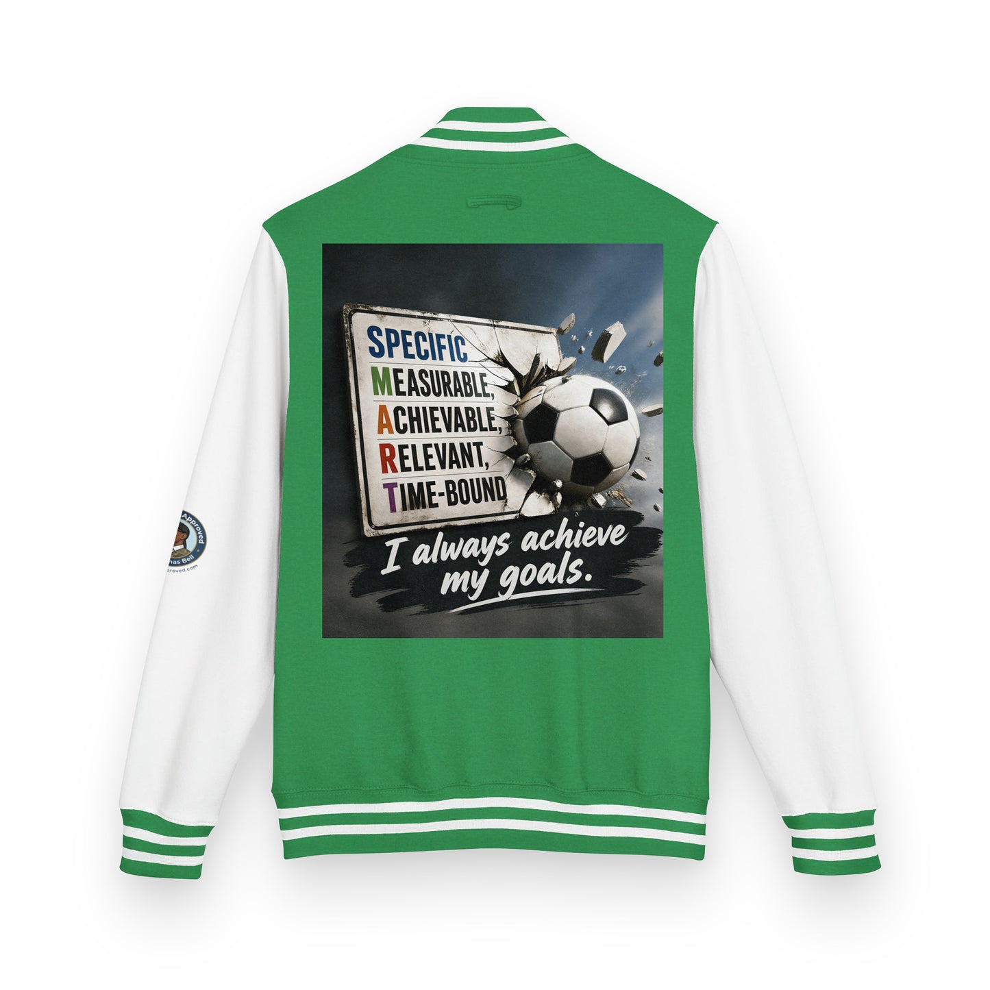 Green heavyweight letterman jacket with white sleeves, striped ribbed trim, back soccer graphic