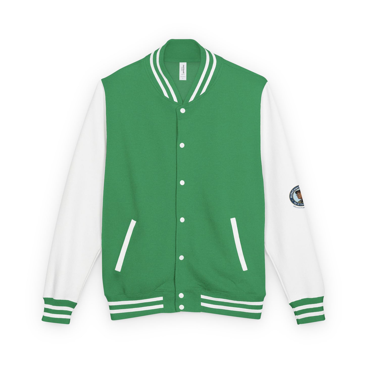 Letterman jacket with green body and white sleeves; striped collar and button front