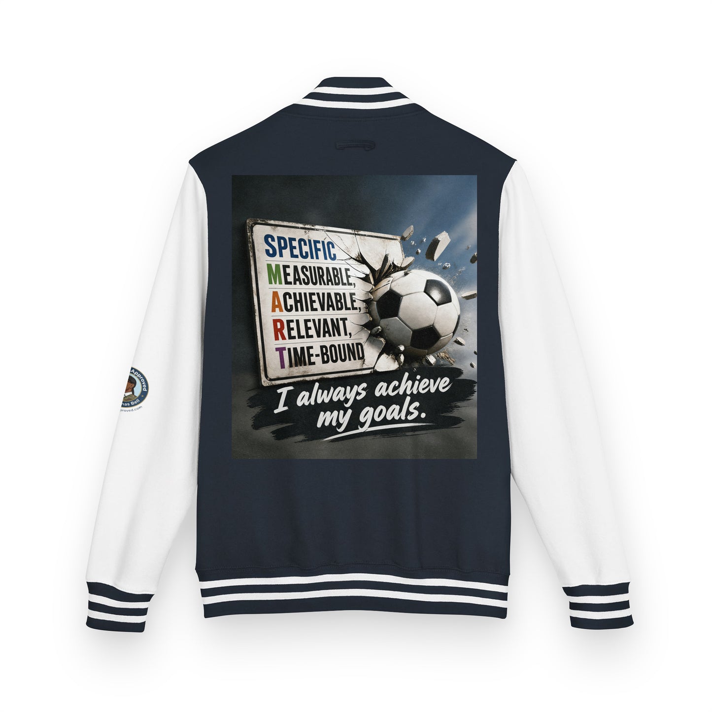 Letterman jacket back view, dark navy body with white sleeves; soccer graphic and quote patch
