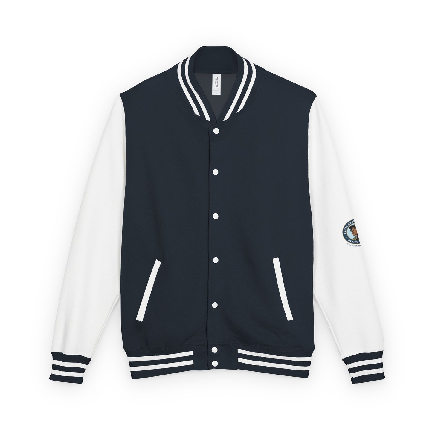 Heavyweight letterman jacket with dark navy body, white sleeves, striped rib trim, snap buttons