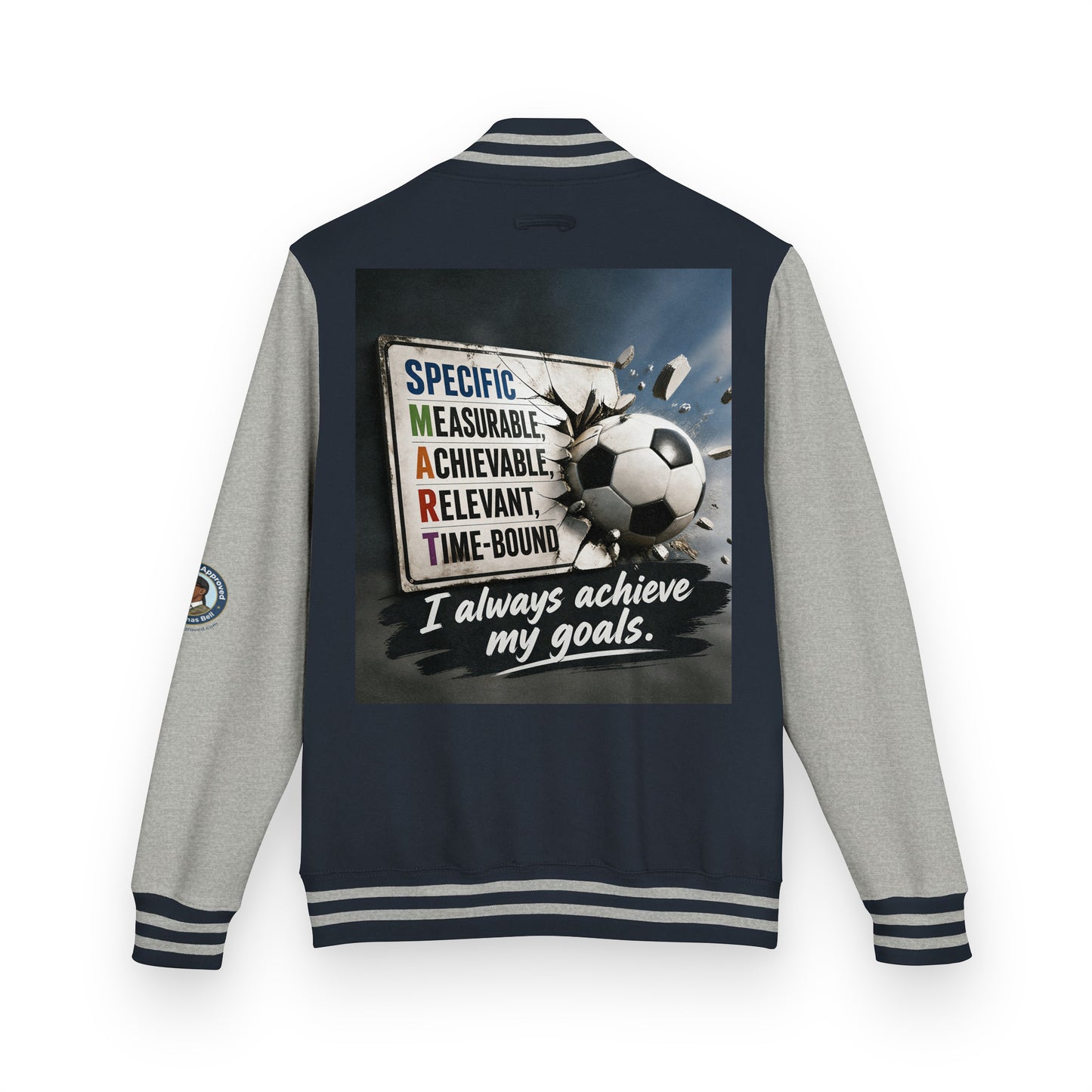Letterman jacket back view, navy body with gray sleeves; soccer graphic and quote patch