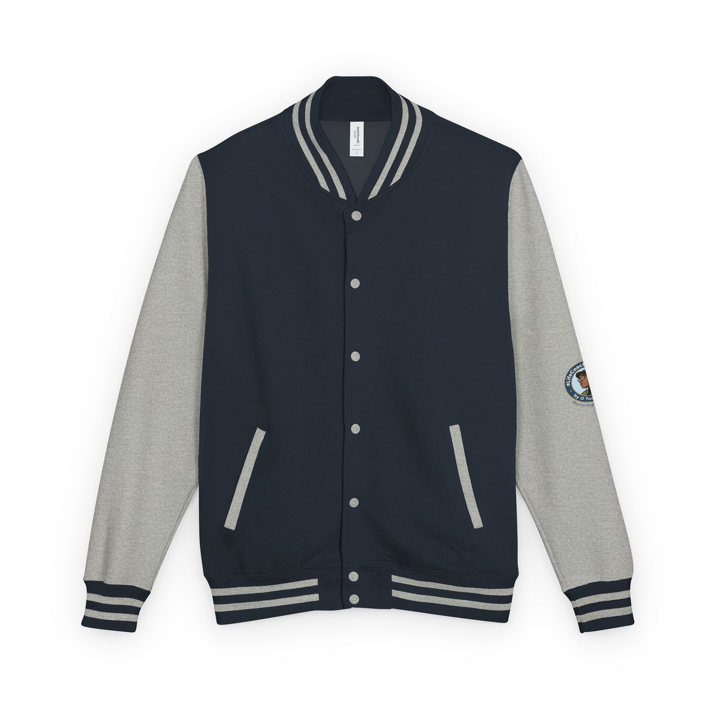 Heavyweight letterman jacket with navy body, heather gray sleeves, striped rib trim, snap buttons
