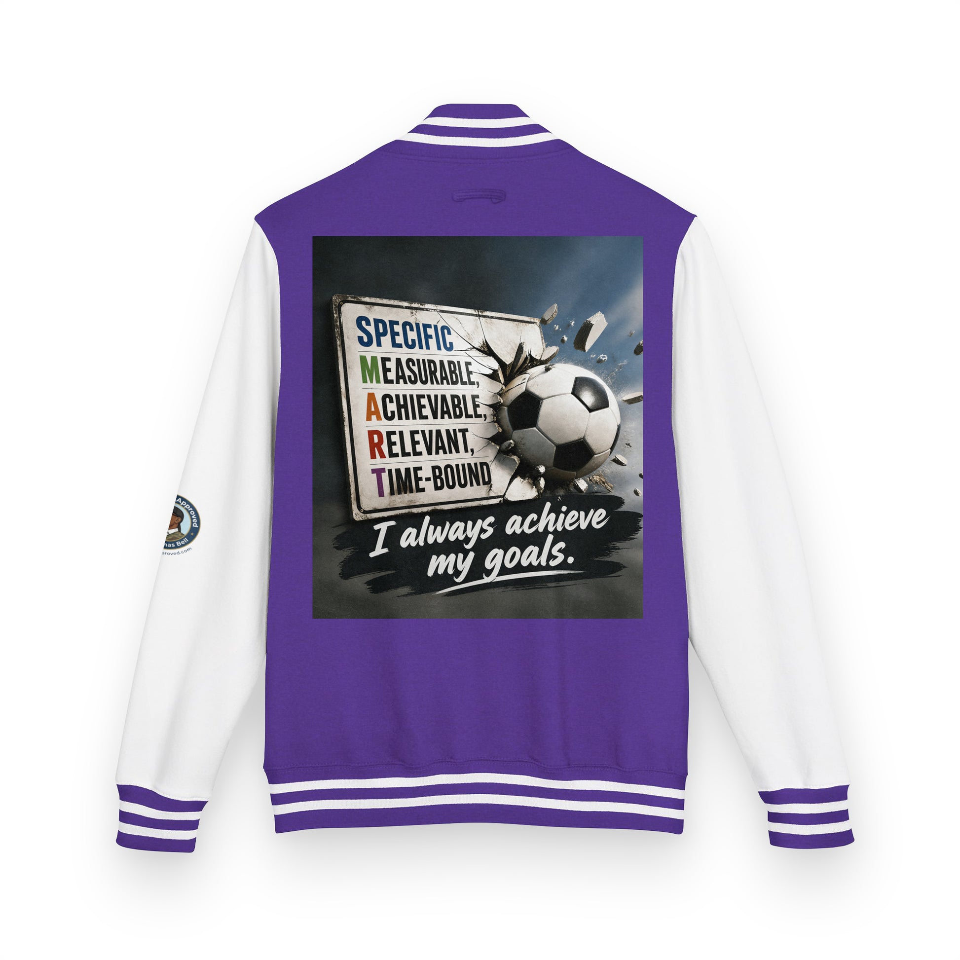 Purple heavyweight letterman jacket with white sleeves, striped ribbed trim, back soccer graphic