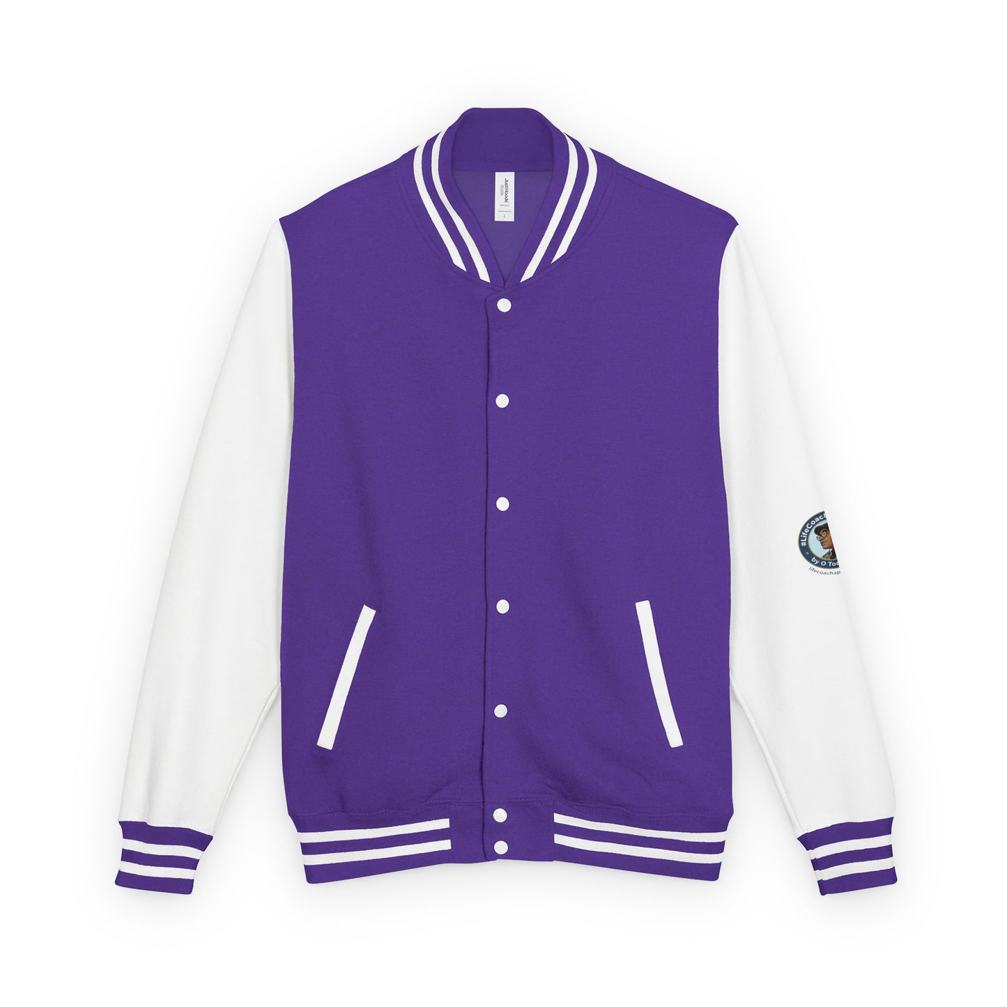 Heavyweight letterman jacket with purple body, white sleeves, striped rib trim, snap buttons