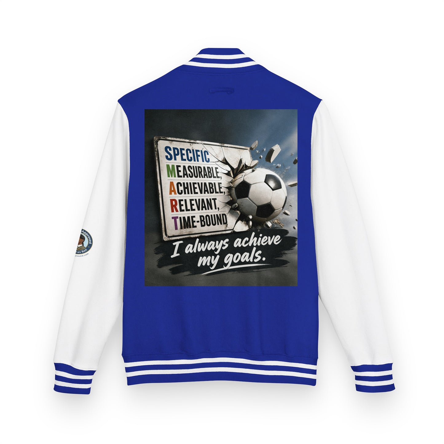 Letterman jacket back view, royal blue body with white sleeves; soccer graphic and quote patch