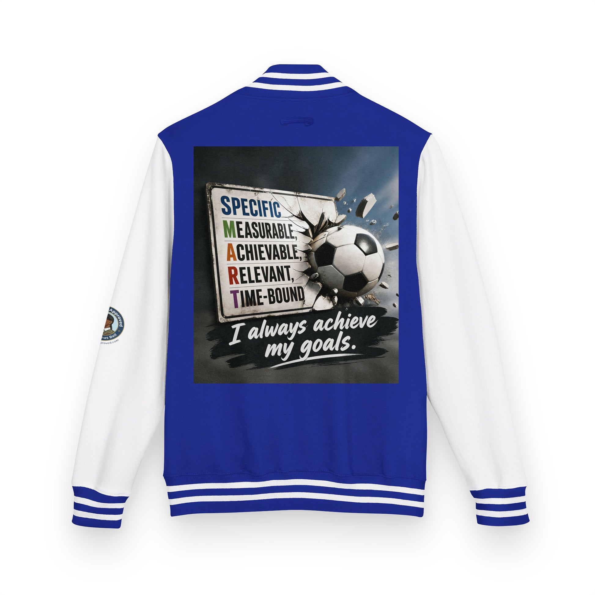 Letterman jacket back view, royal blue body with white sleeves; soccer graphic and quote patch