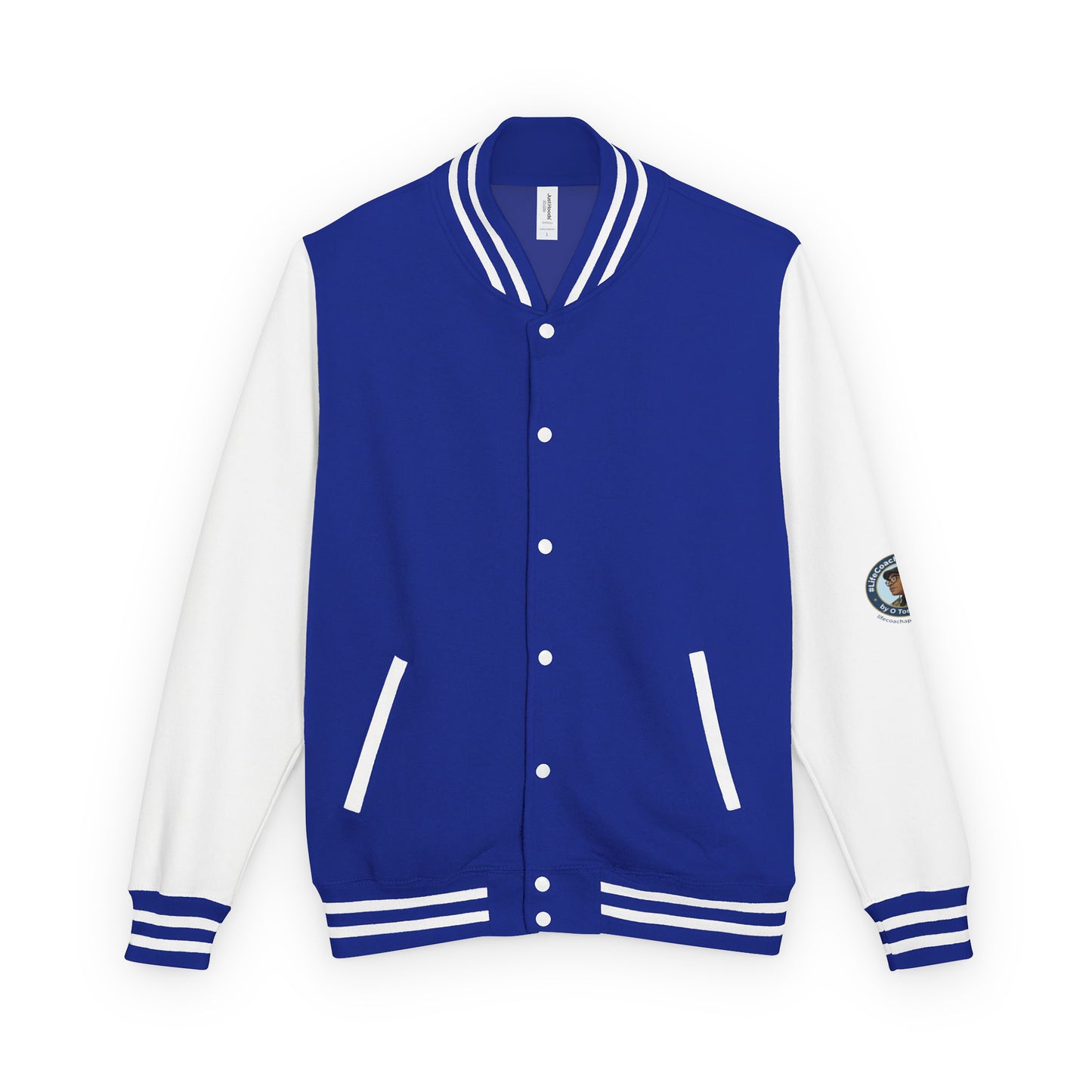 Heavyweight letterman jacket with royal blue body, white sleeves, striped rib trim, snap buttons