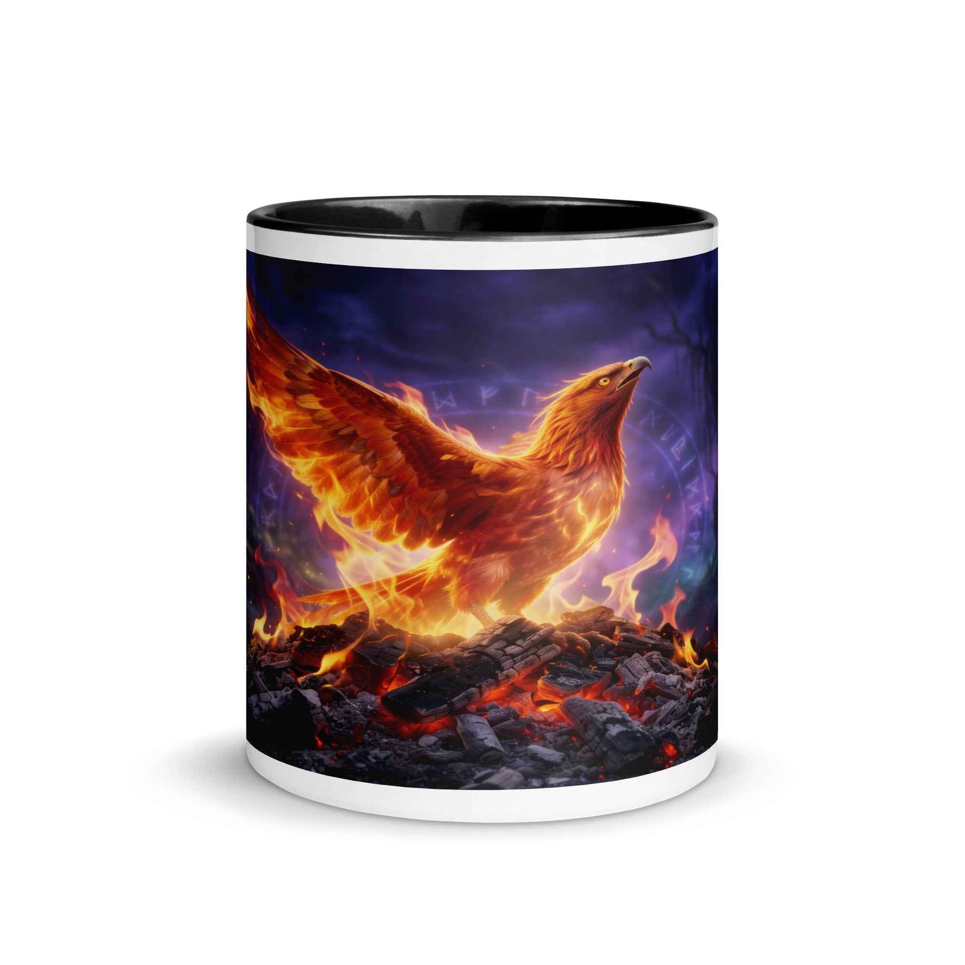 Color-inside ceramic mug with black top rim and full phoenix-on-fire scene