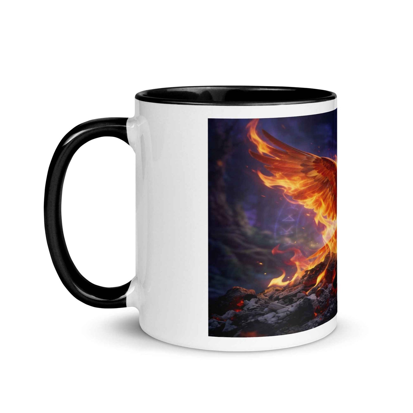 Color-inside ceramic mug with black handle and white body; partial phoenix fire artwork