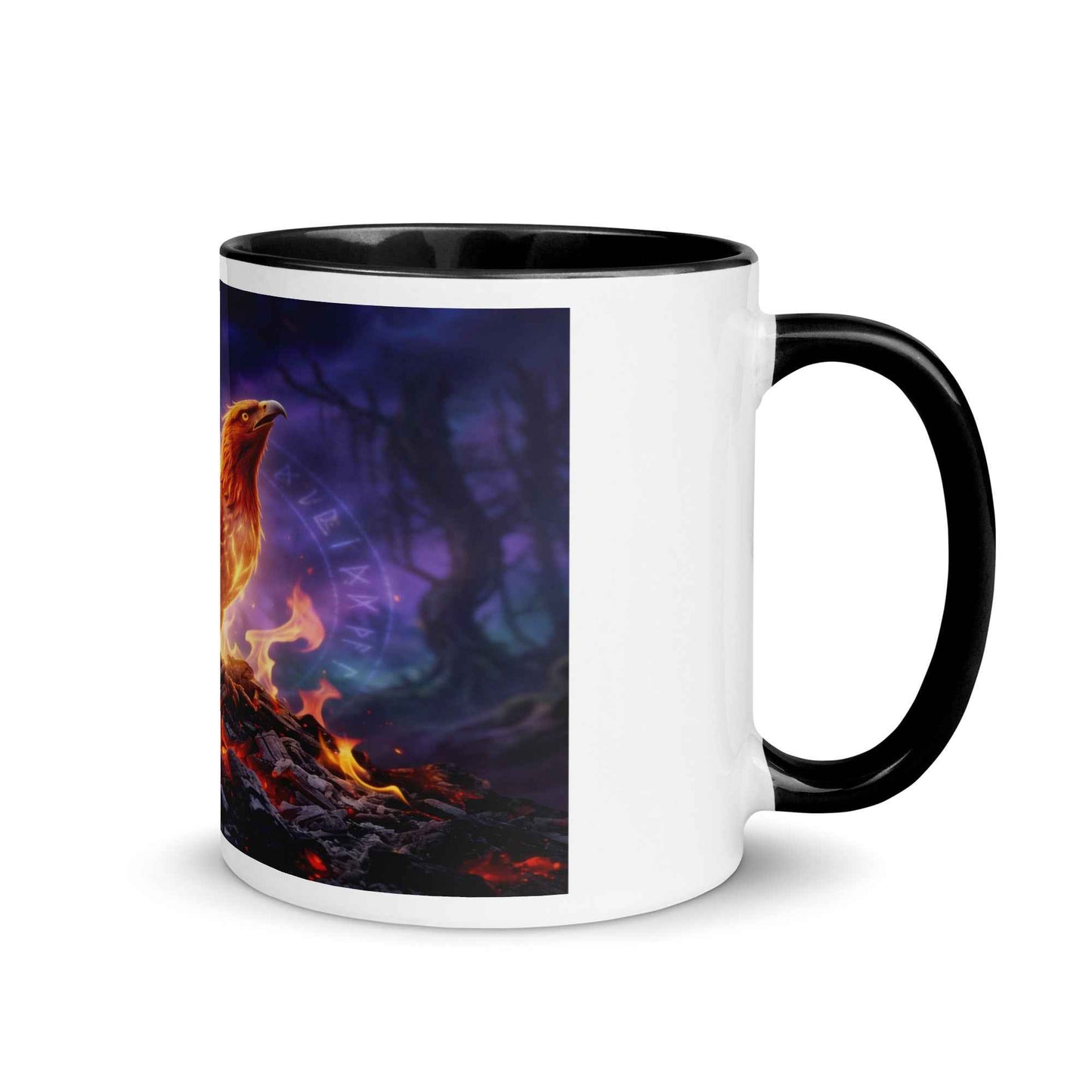 Color-inside ceramic mug, white body with black handle; purple fire phoenix graphic