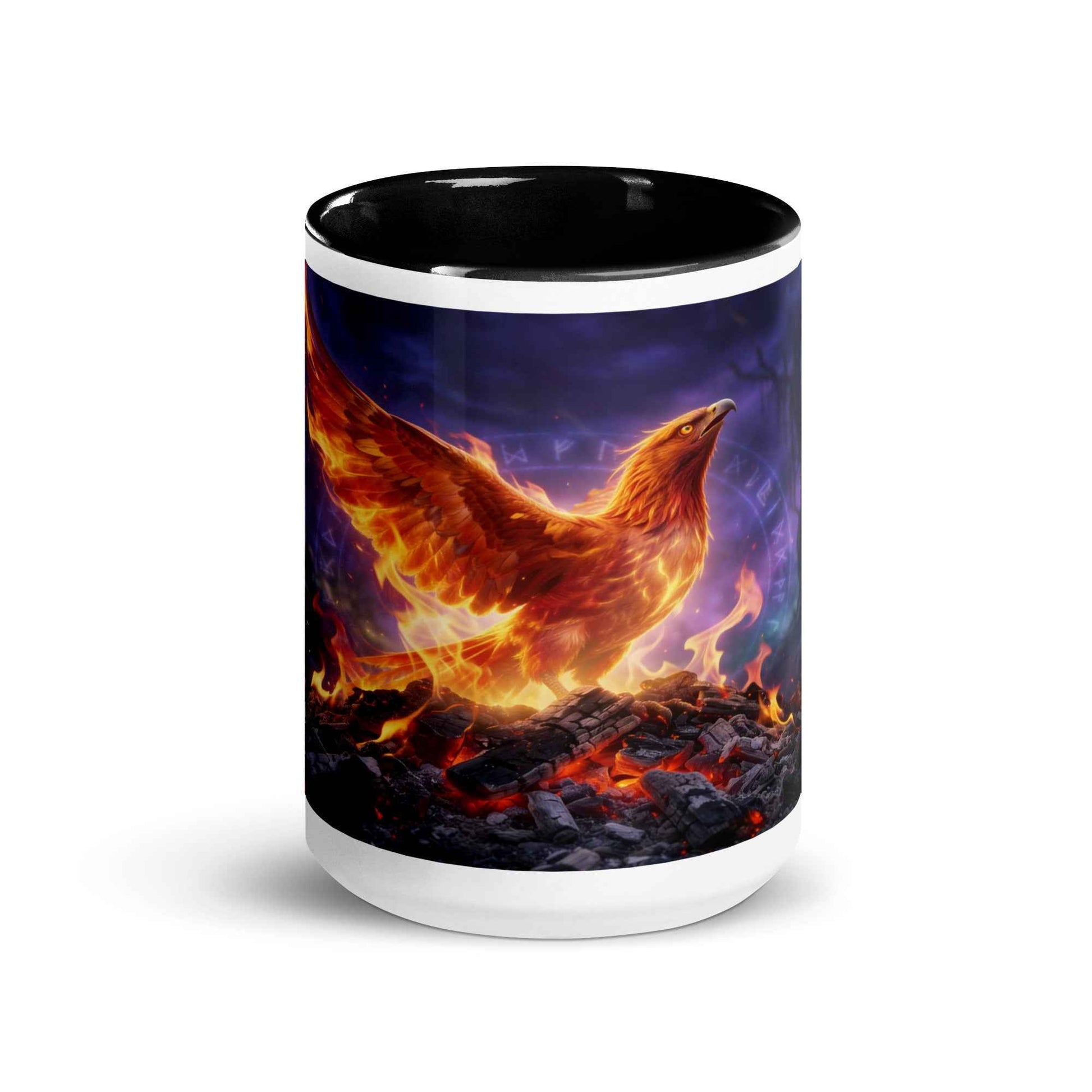 Color-inside ceramic mug with black rim and phoenix-and-fire graphic wrap