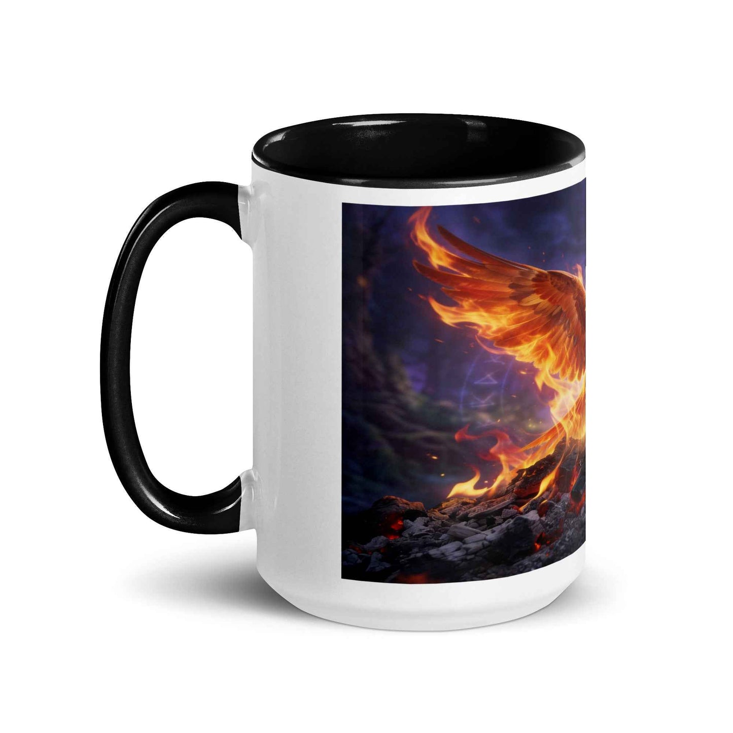 Color-inside ceramic mug with black handle and phoenix fire artwork panel