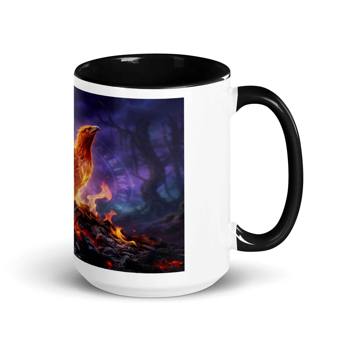 Coffee mug with black interior, white body, phoenix flame scene on left panel