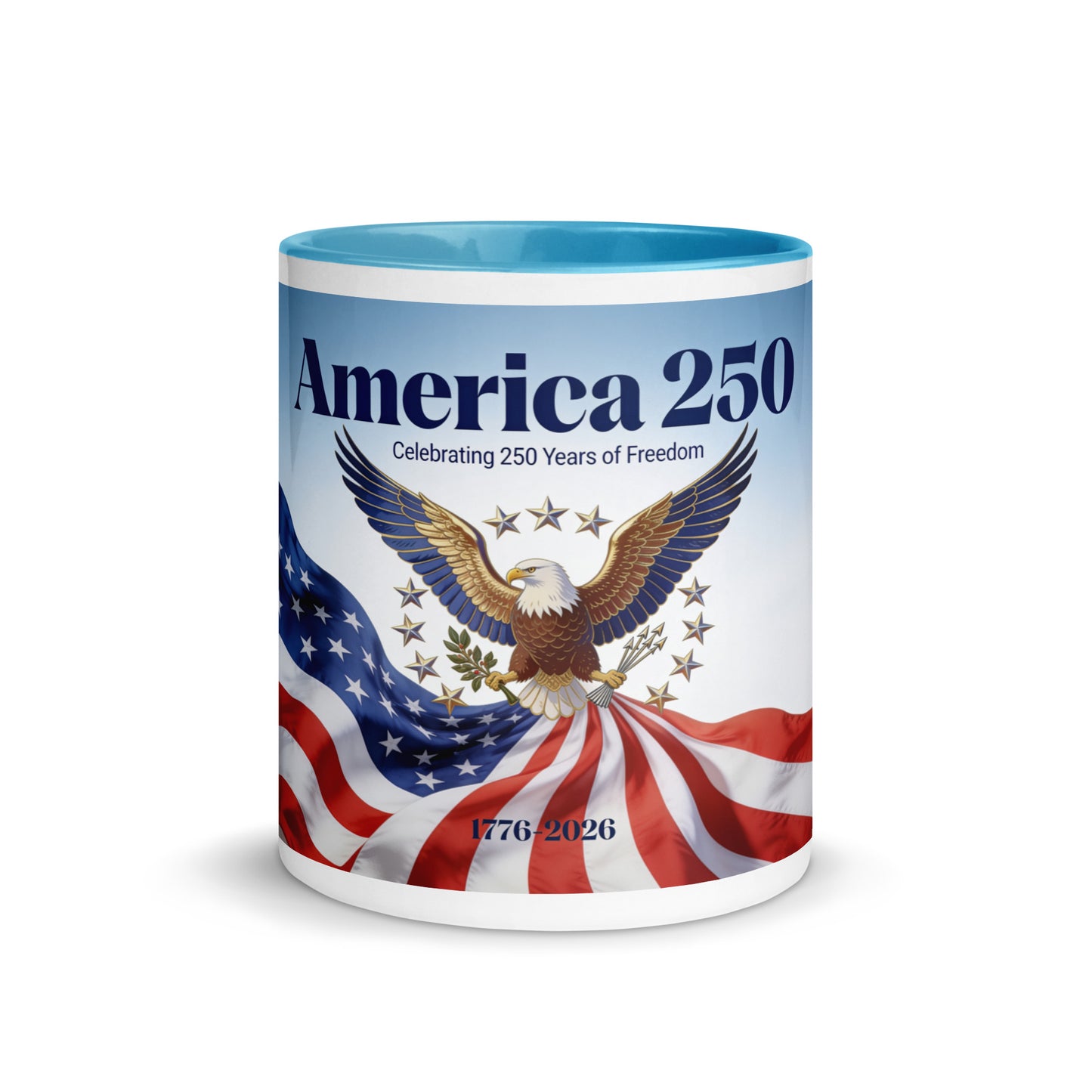 America 250 ceramic mug, blue interior, patriotic eagle and stars graphic on white