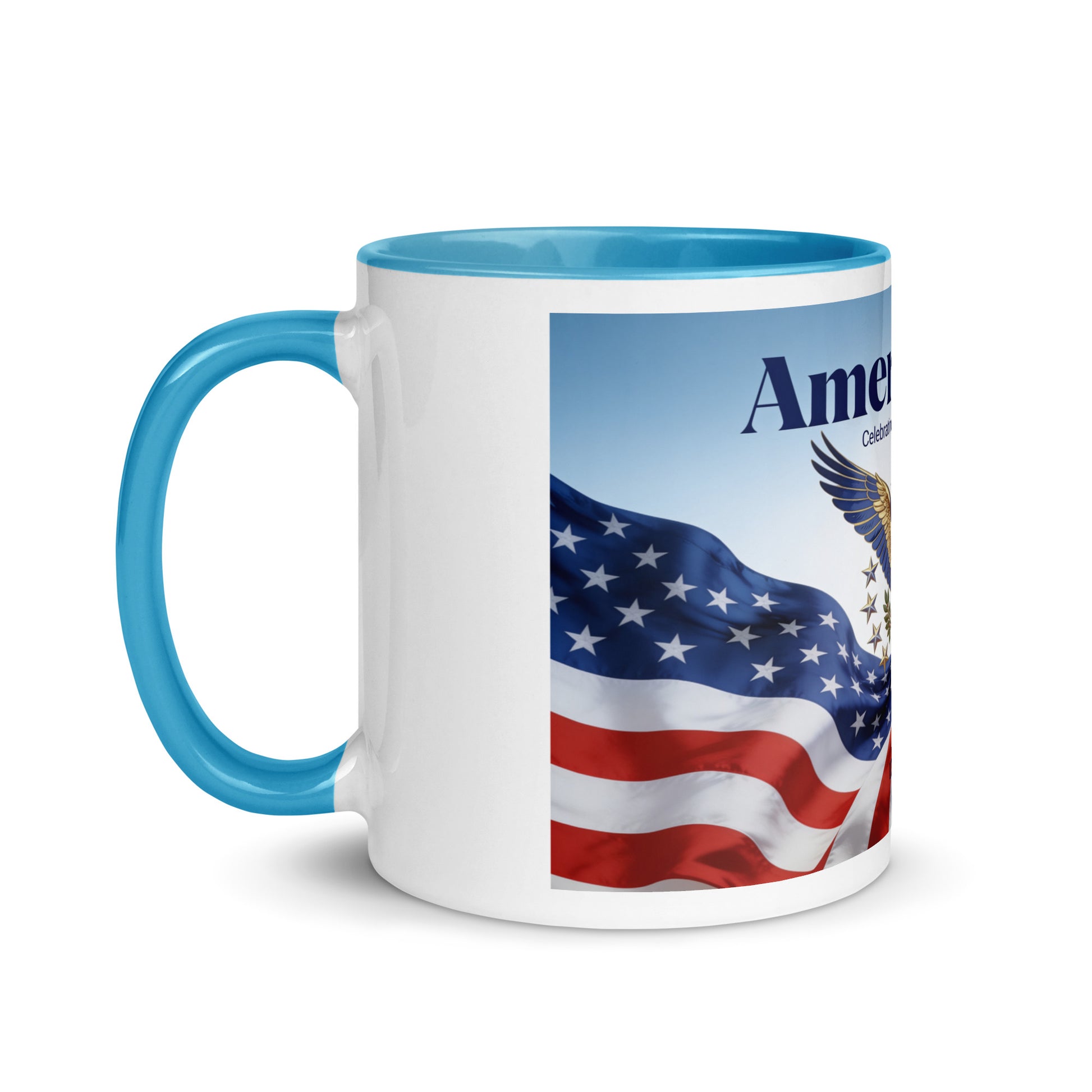 America 250 ceramic mug with blue handle, patriotic flag graphic panel on white