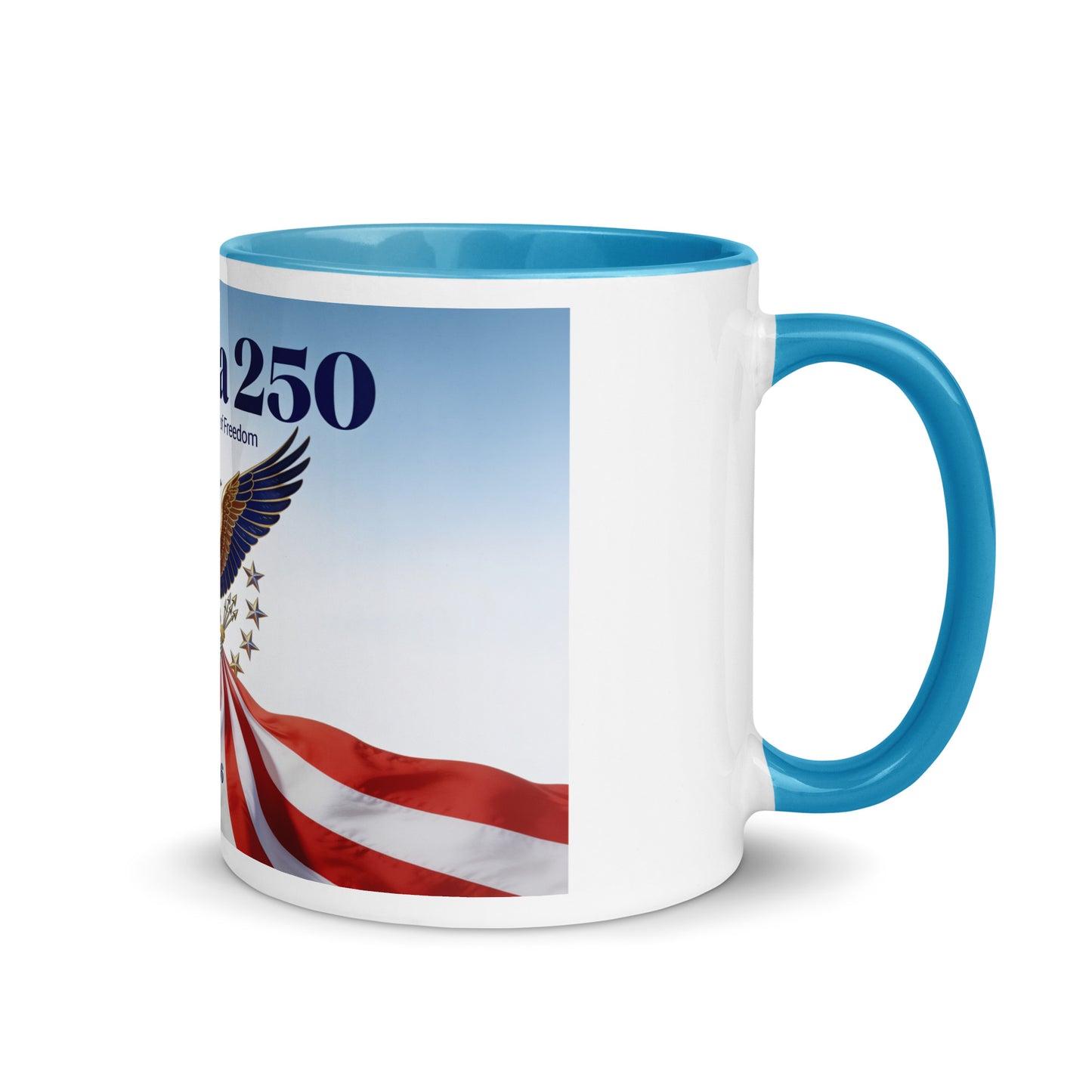 America 250 ceramic mug with blue handle, patriotic stripes graphic panel on white