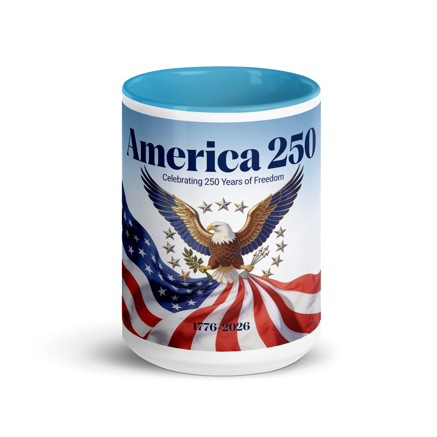 America 250 ceramic mug, blue interior, eagle and stars design on white