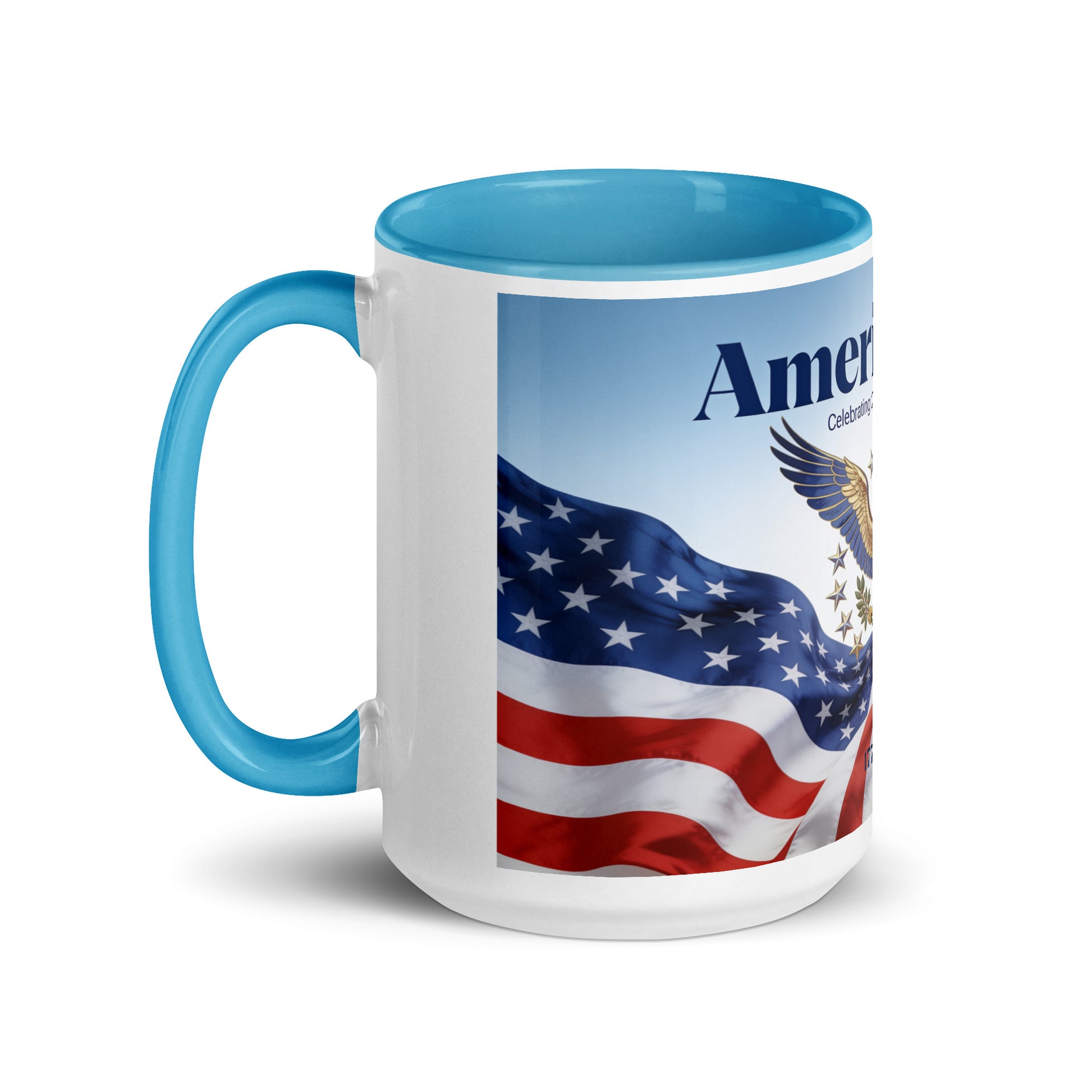 America 250 ceramic mug, blue handle and interior, patriotic flag graphic on white