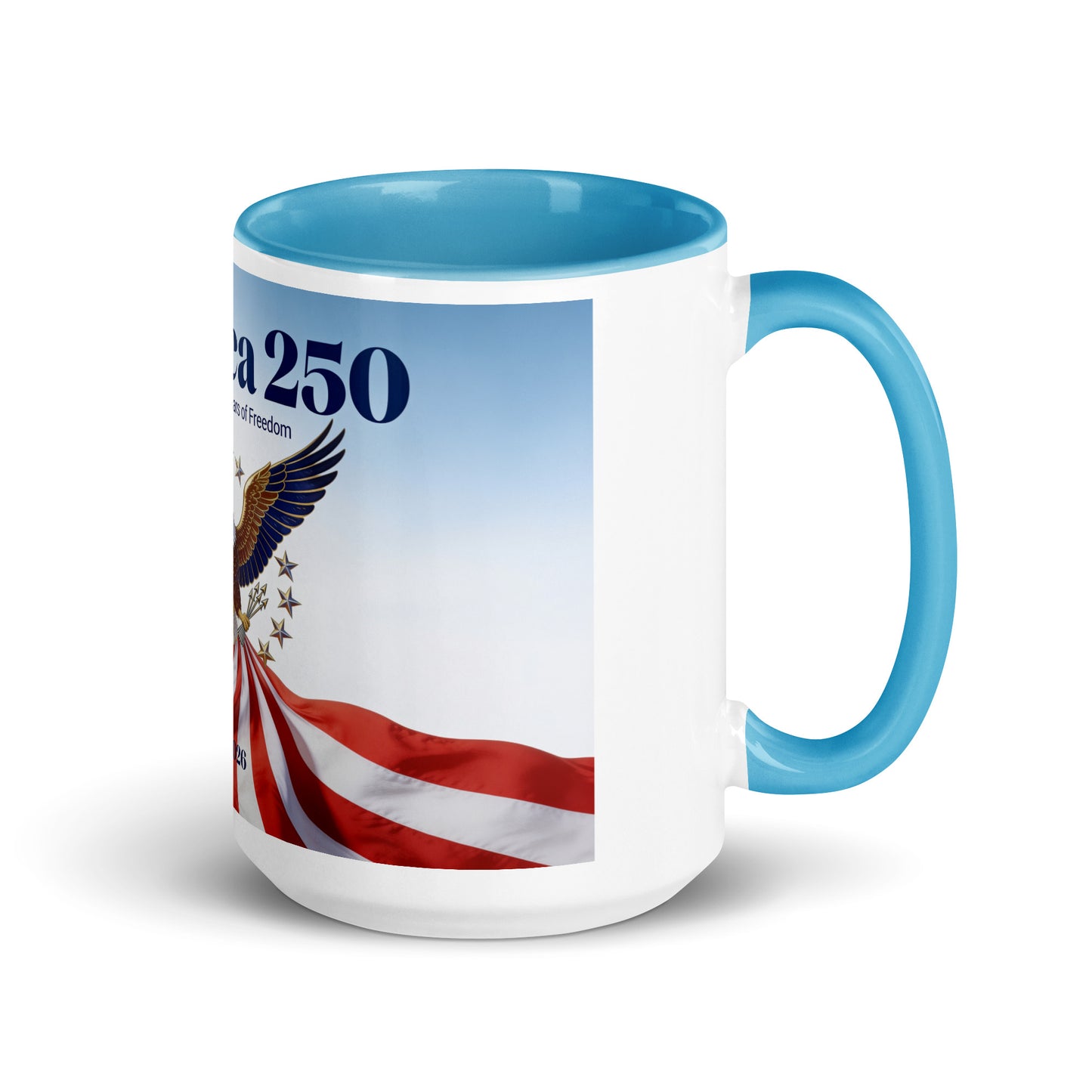 America 250 ceramic mug, white body and blue handle, patriotic stripes graphic