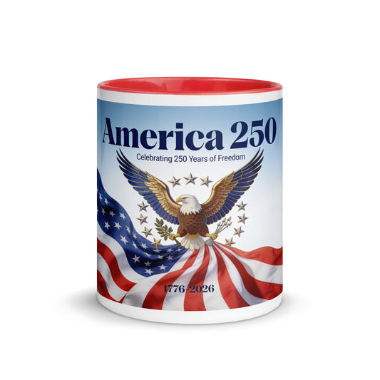 America 250 ceramic mug, red interior, patriotic eagle and flag graphic on white
