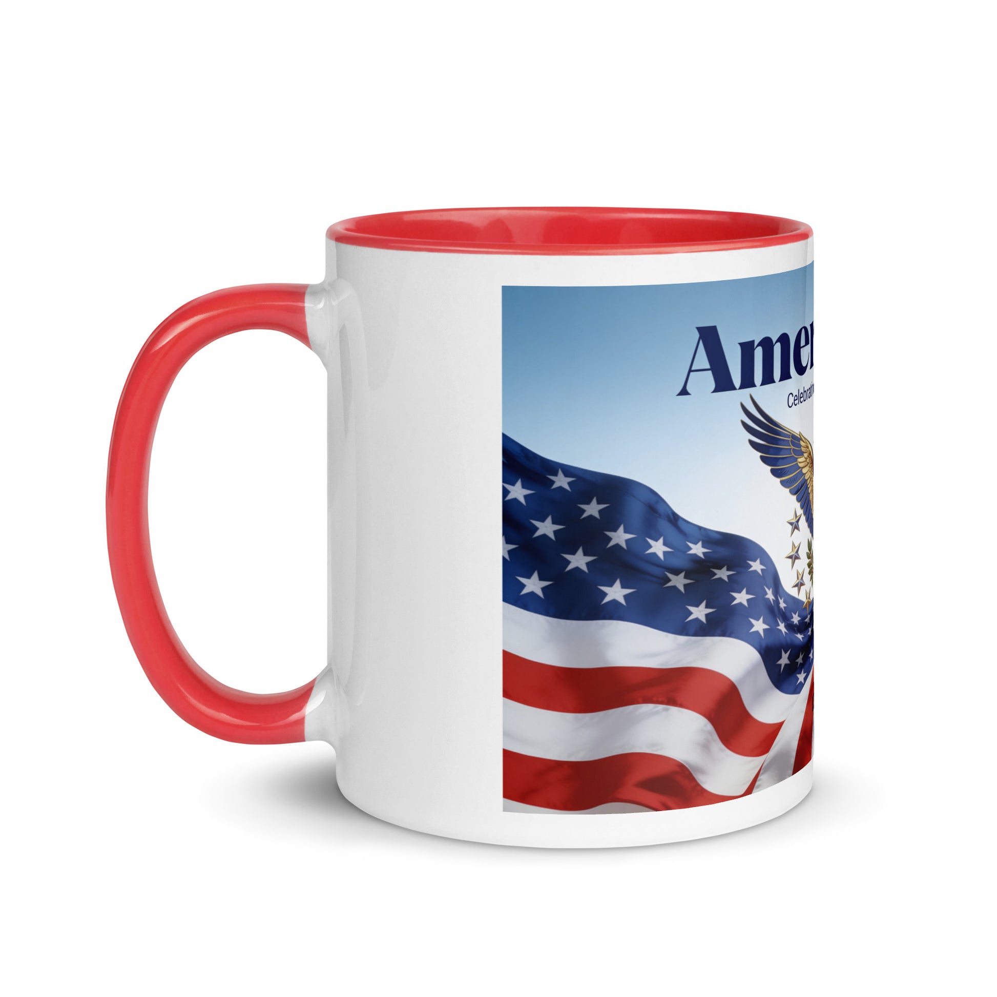 America 250 ceramic mug with red handle, patriotic flag graphic panel on white