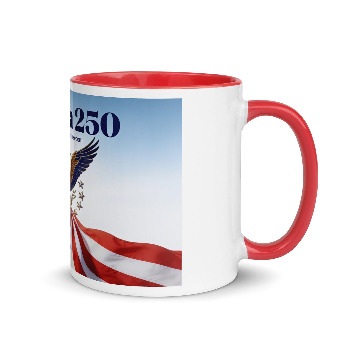 America 250 ceramic mug, white body and red handle, patriotic sky and stripes graphic