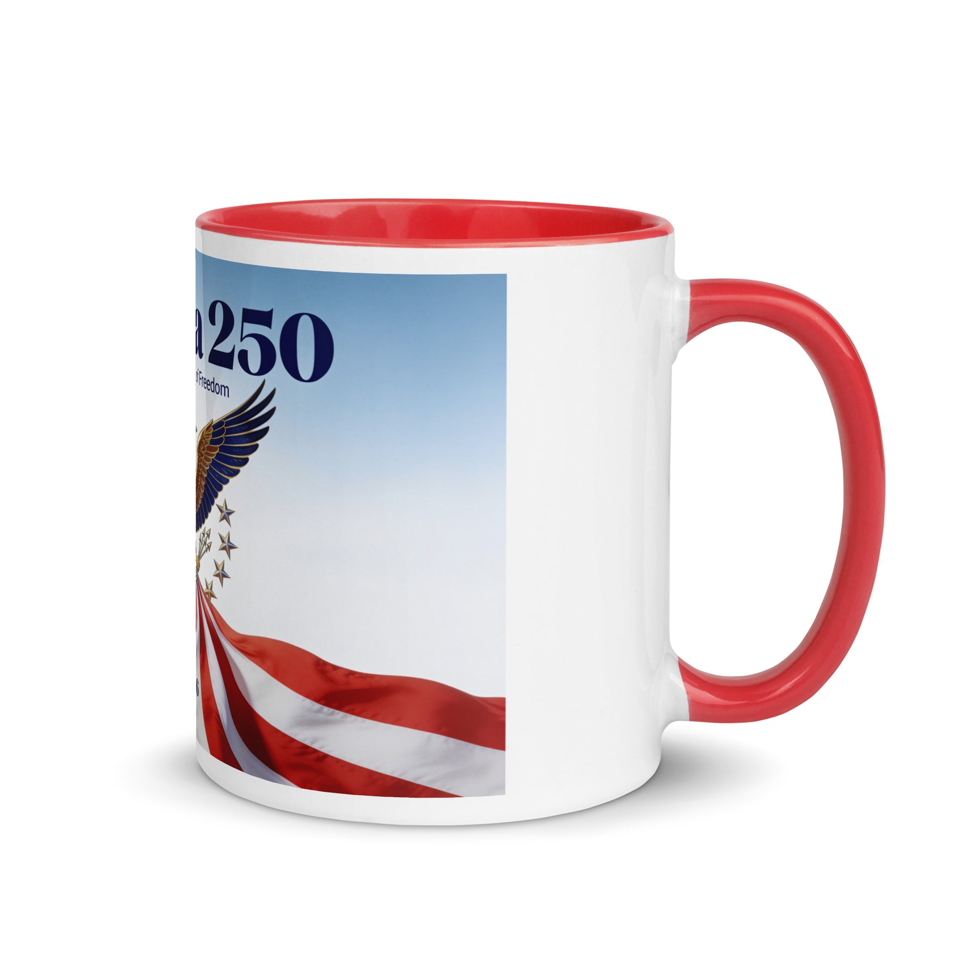 America 250 ceramic mug, white body and red handle, patriotic sky and stripes graphic