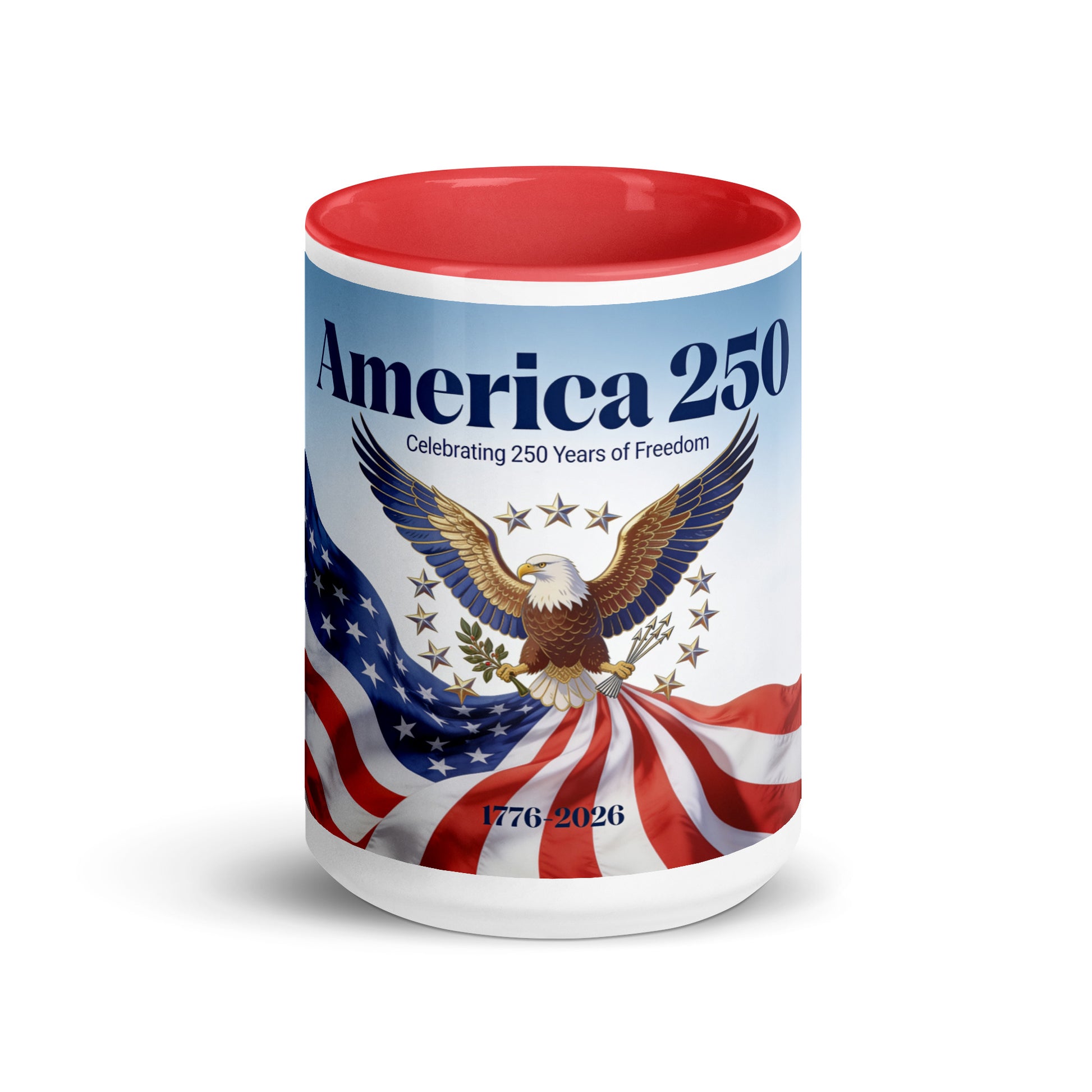 America 250 ceramic mug, red interior, eagle and patriotic stars design on white