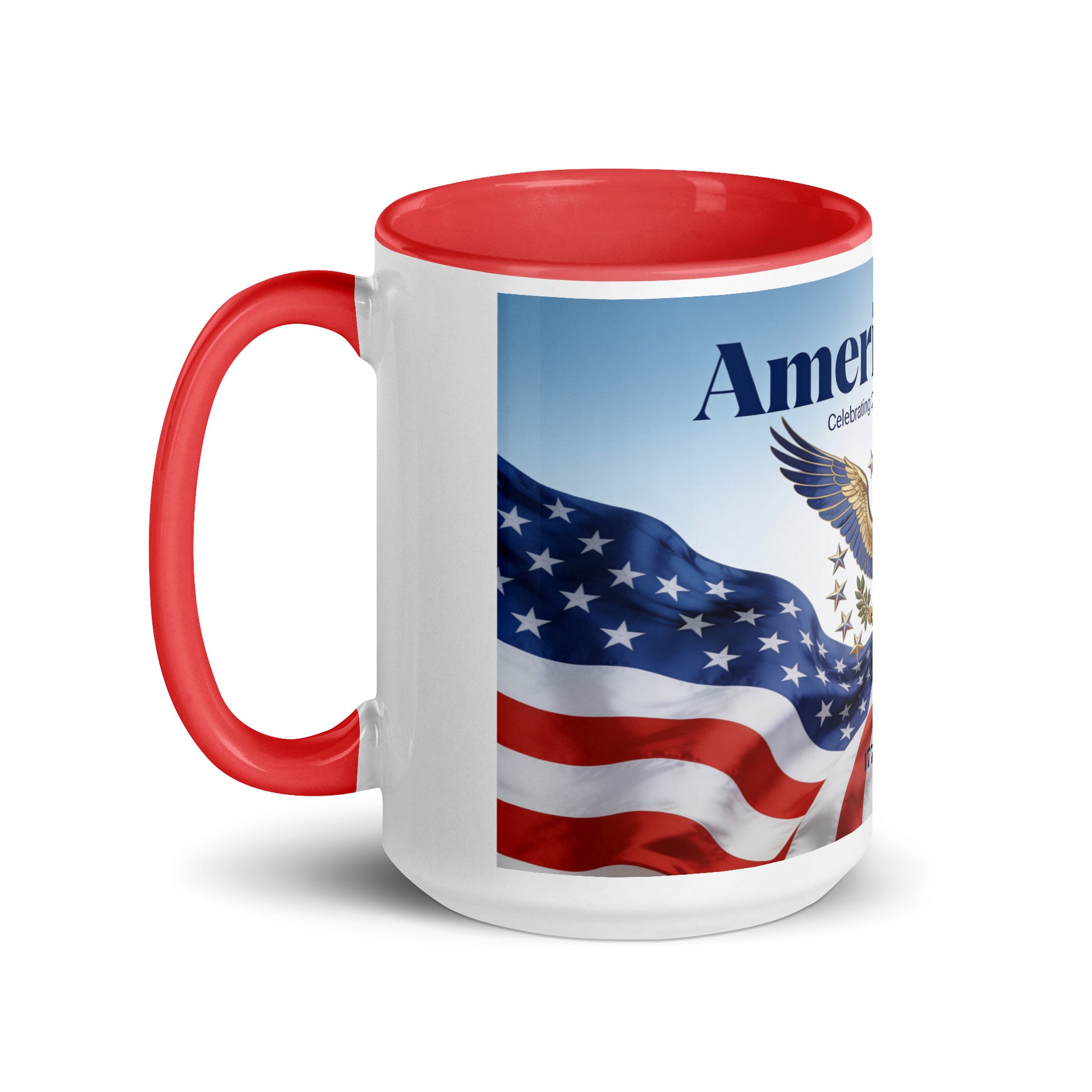 Red color-inside coffee mug with white body and American flag eagle graphic