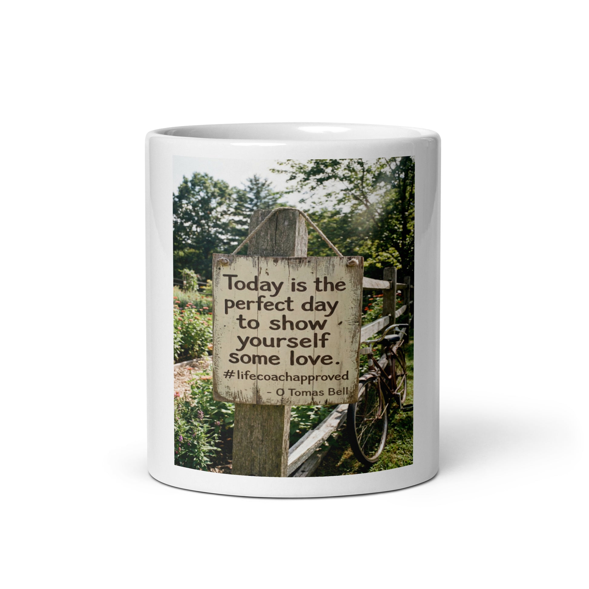 Self-love white glossy mug with printed quote on the front