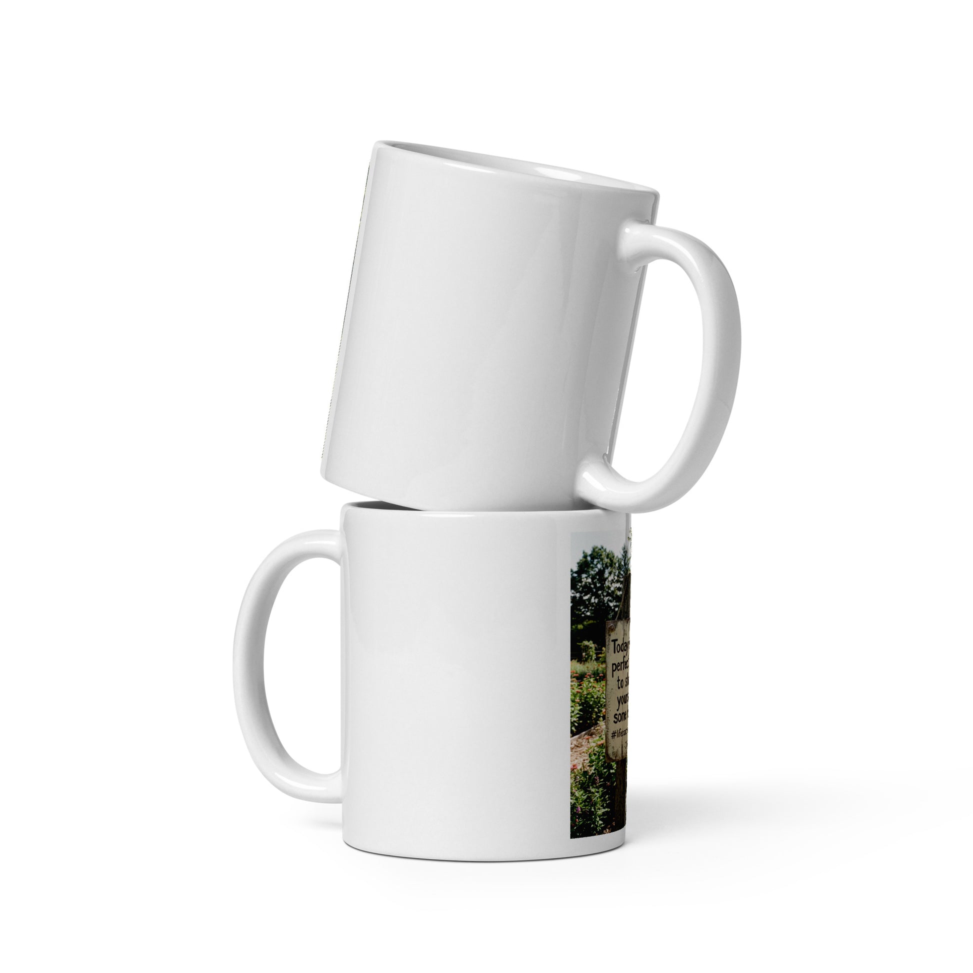 White glossy mug set of two, side view with printed quote panel