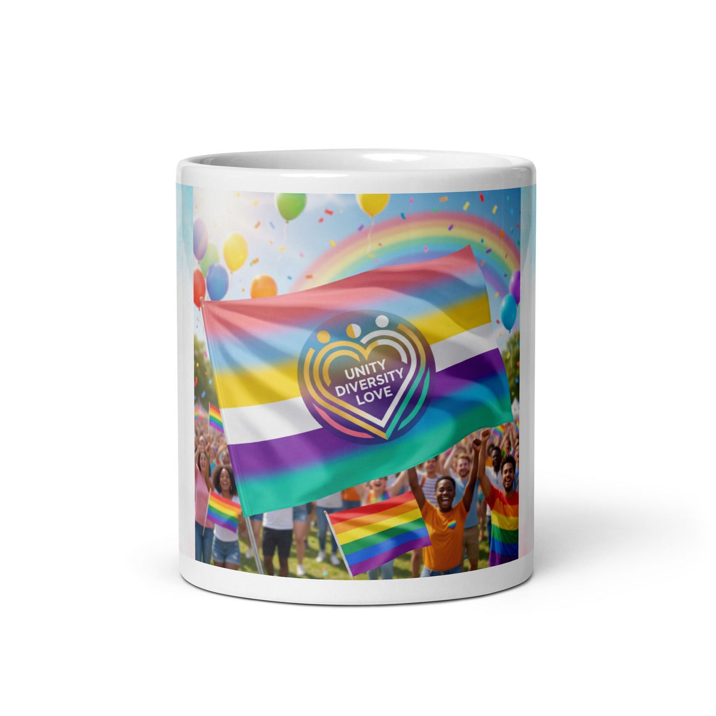 #LifeCoachApproved Unity Diversity Love glossy mug with rainbow pride flag and heart logo
