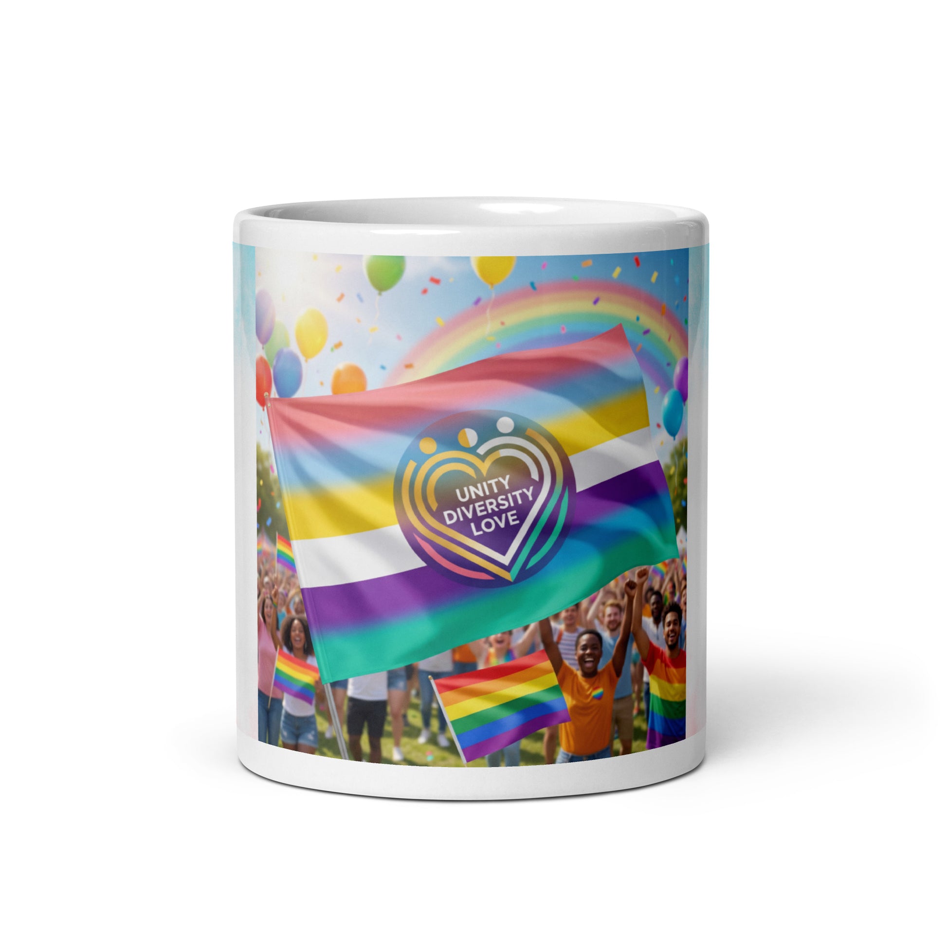 #LifeCoachApproved Unity Diversity Love glossy mug with rainbow pride flag and heart logo