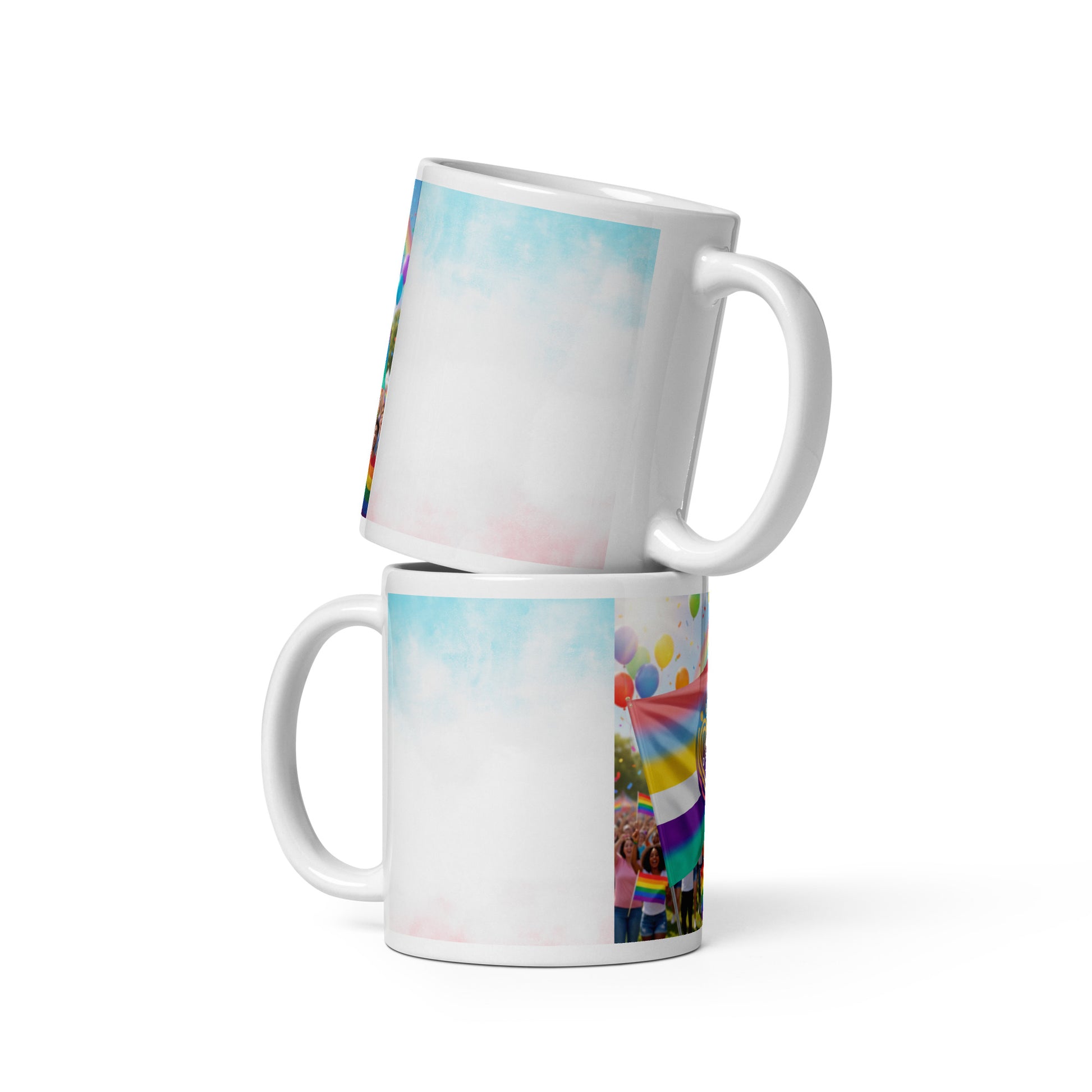 #LifeCoachApproved Unity Diversity Love glossy mug set, side view with printed pride flag art