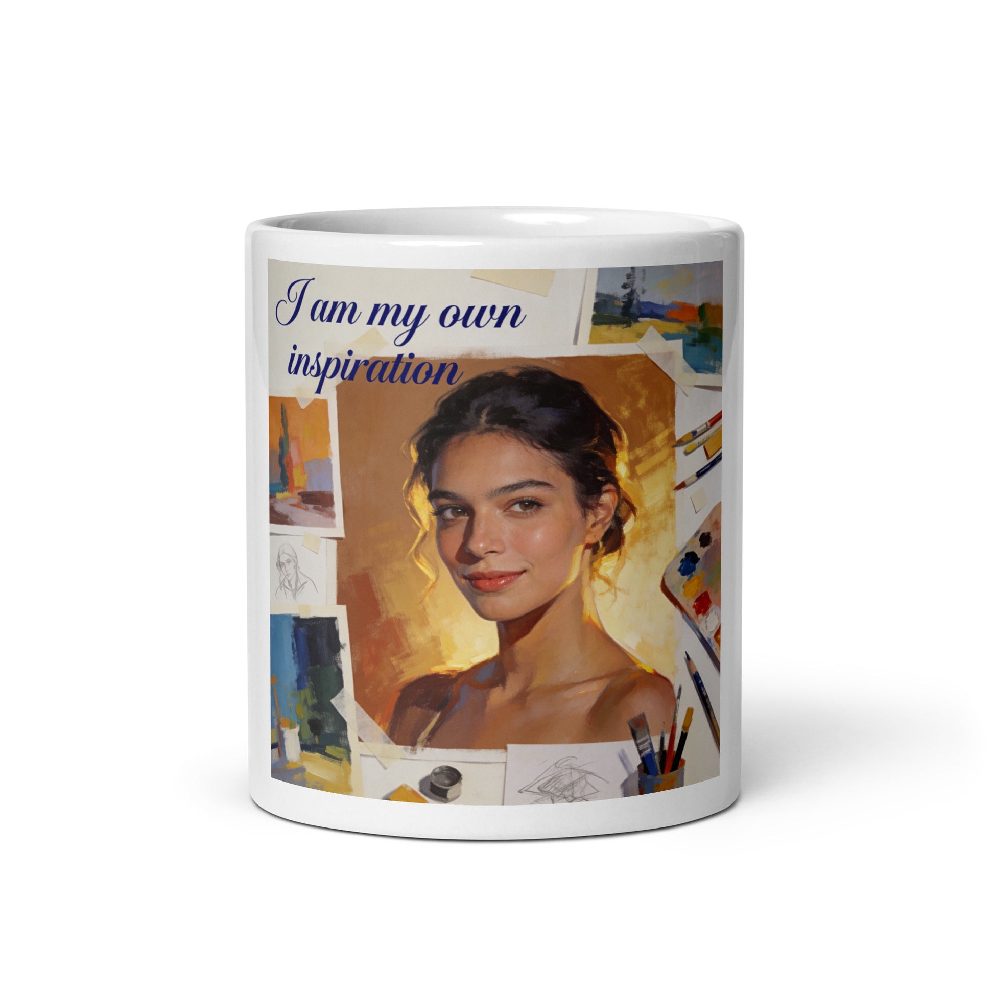 White glossy ceramic mug with printed portrait and the text “I am my own inspiration”.